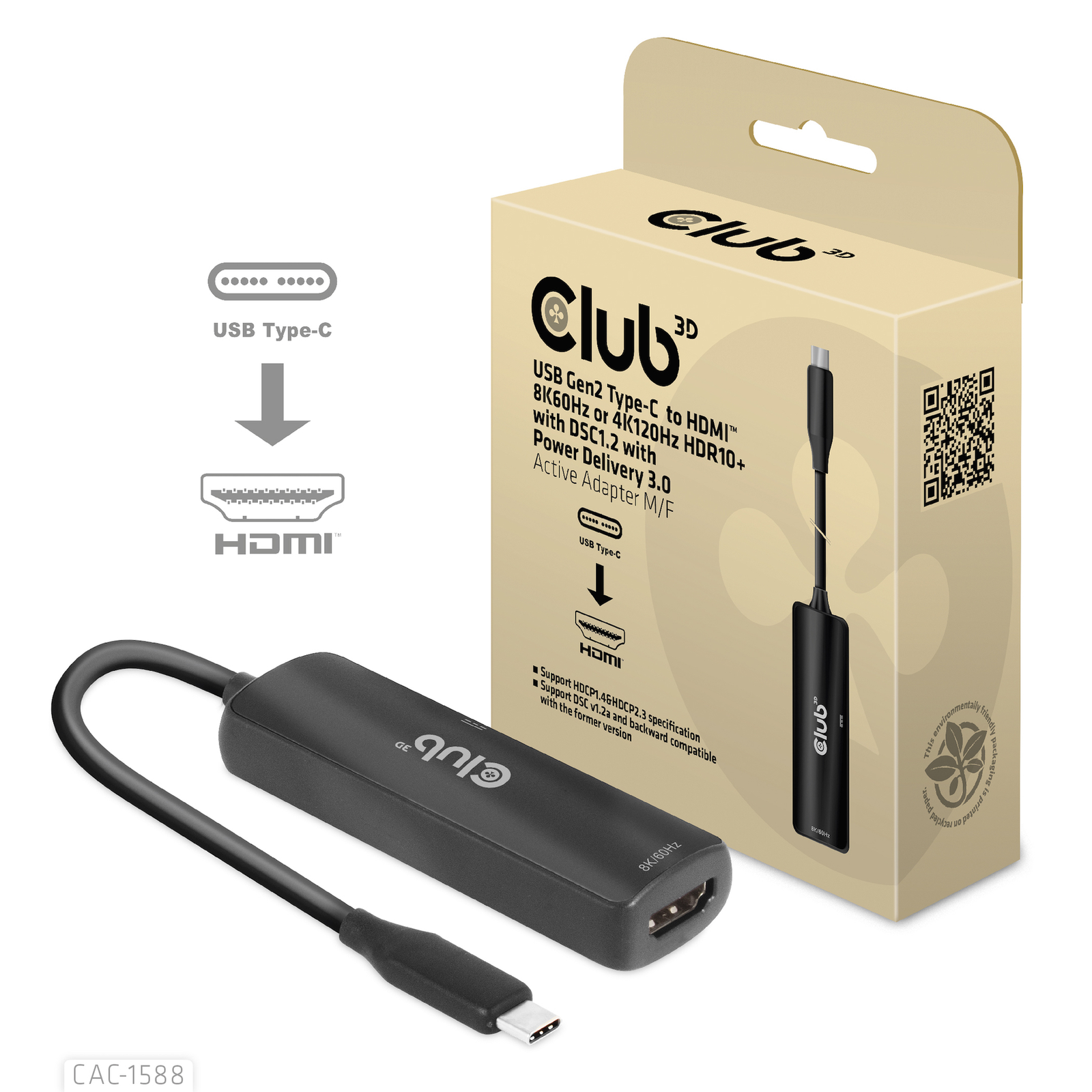 Club 3D Adapter USB 3.2 Type C HDMI 2.1 HDR10 8K60Hz Active