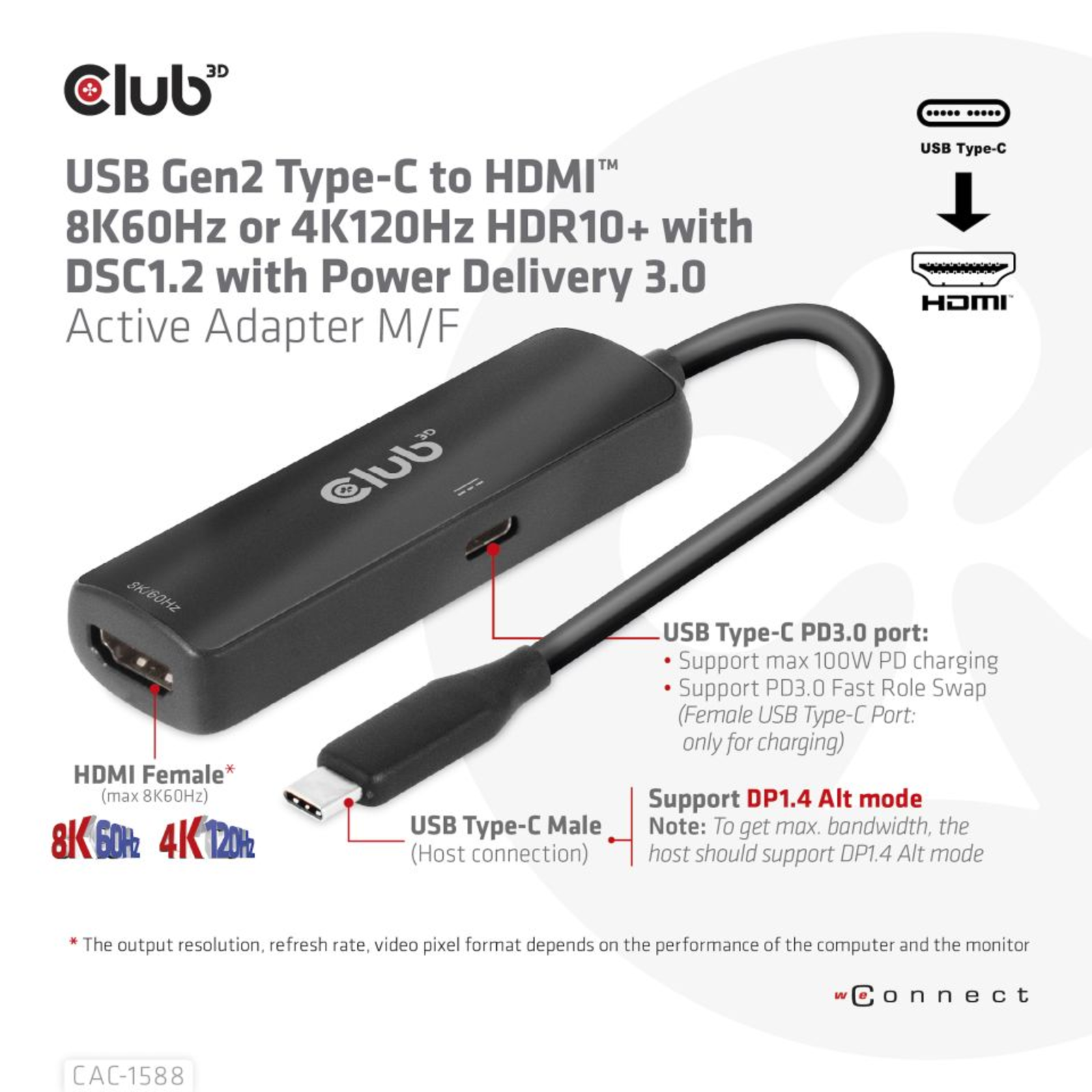 Club 3D Adapter USB 3.2 Type C HDMI 2.1 HDR10 8K60Hz Active