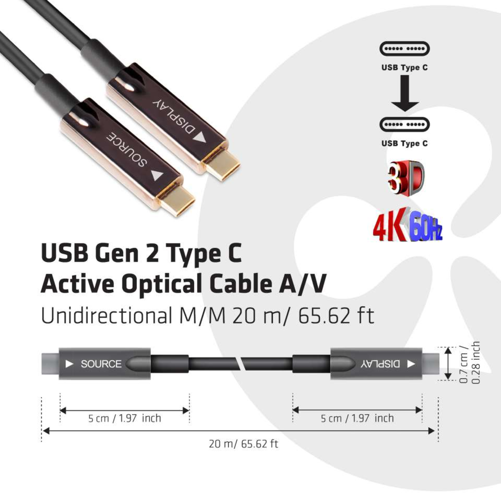Club 3D Cable USB 3.2 Type C 20m Active Optical A V St St