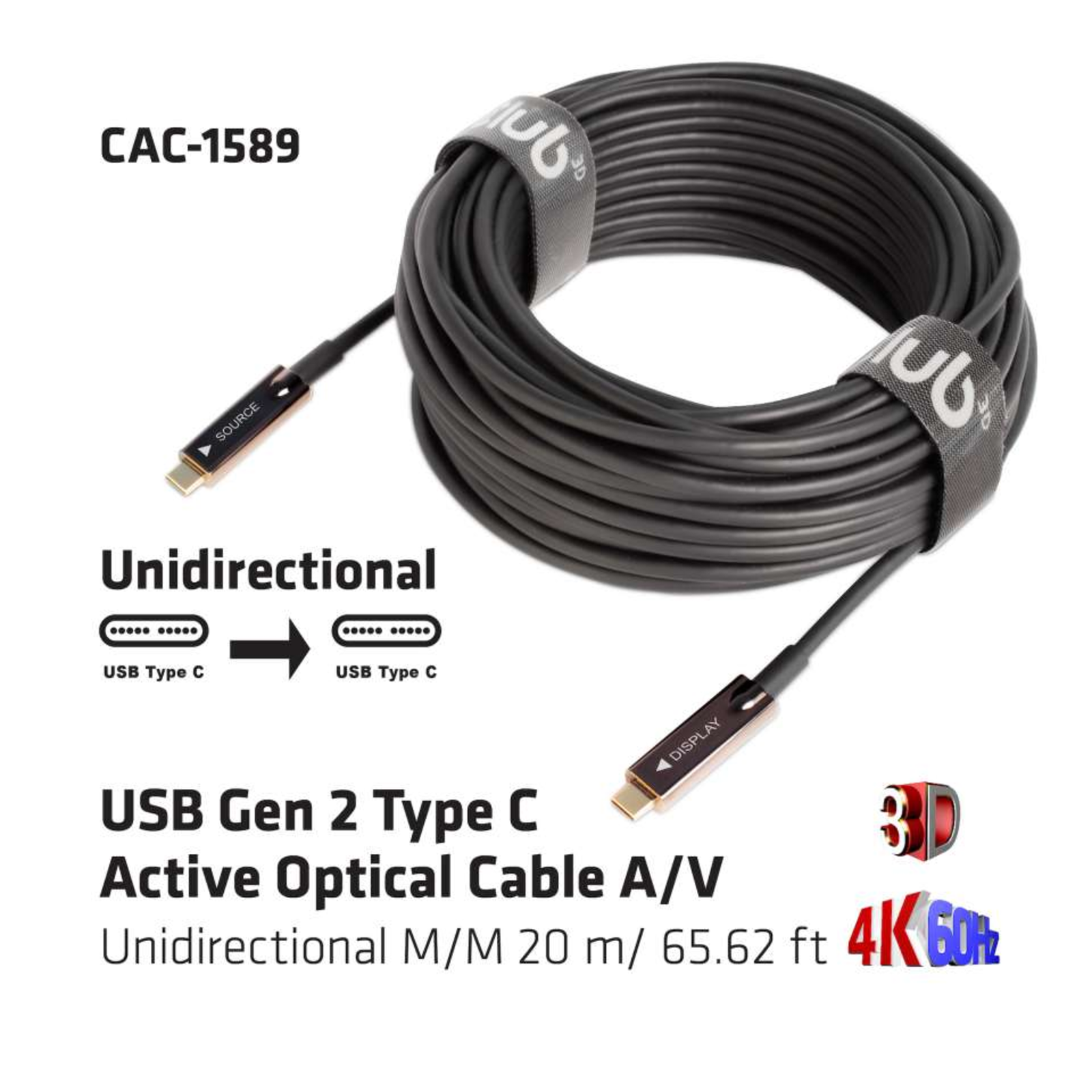 Club 3D Cable USB 3.2 Type C 20m Active Optical A V St St