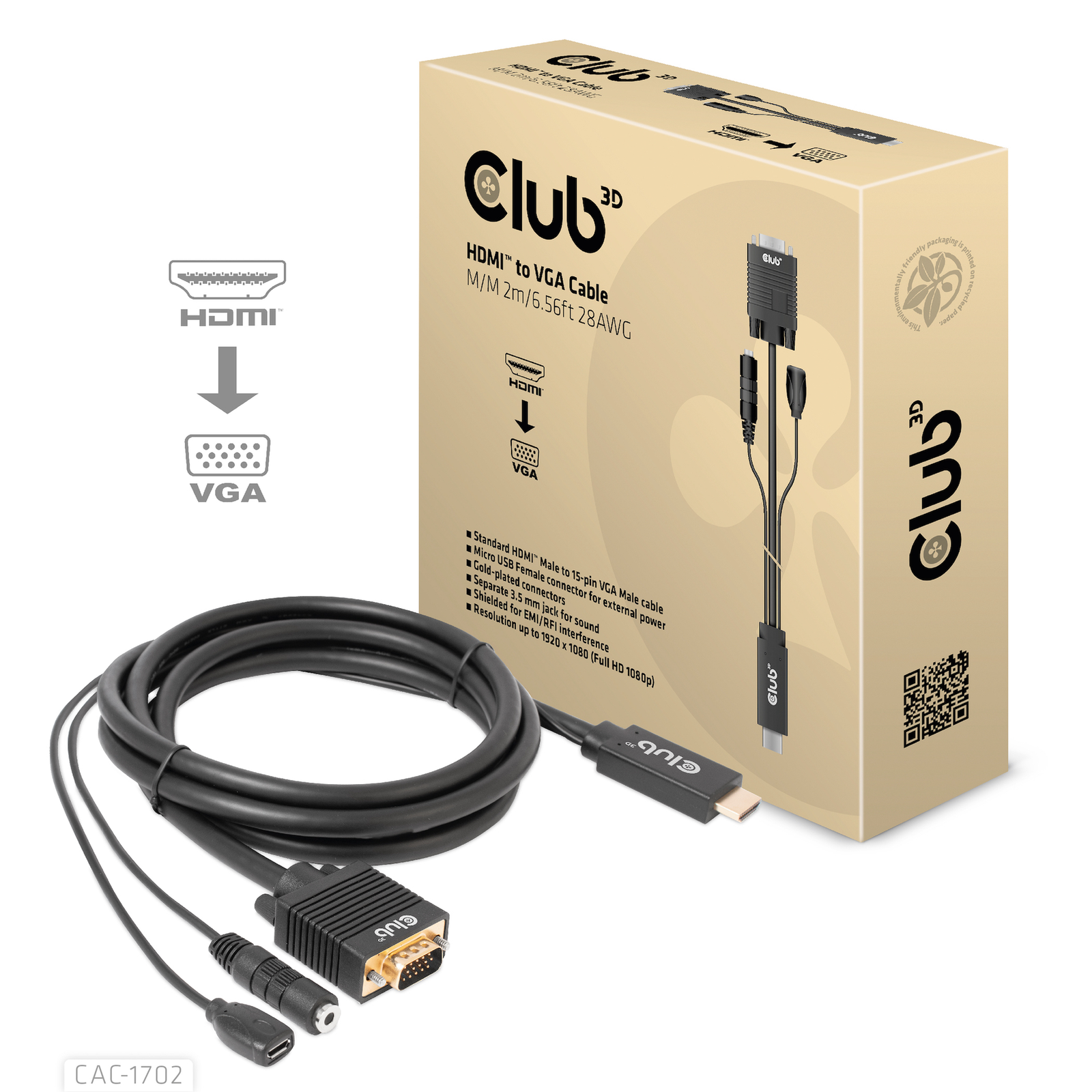 Club 3D Cable HDMI+Micro-USB Socket VGA+3.5mm 2m St/Bu