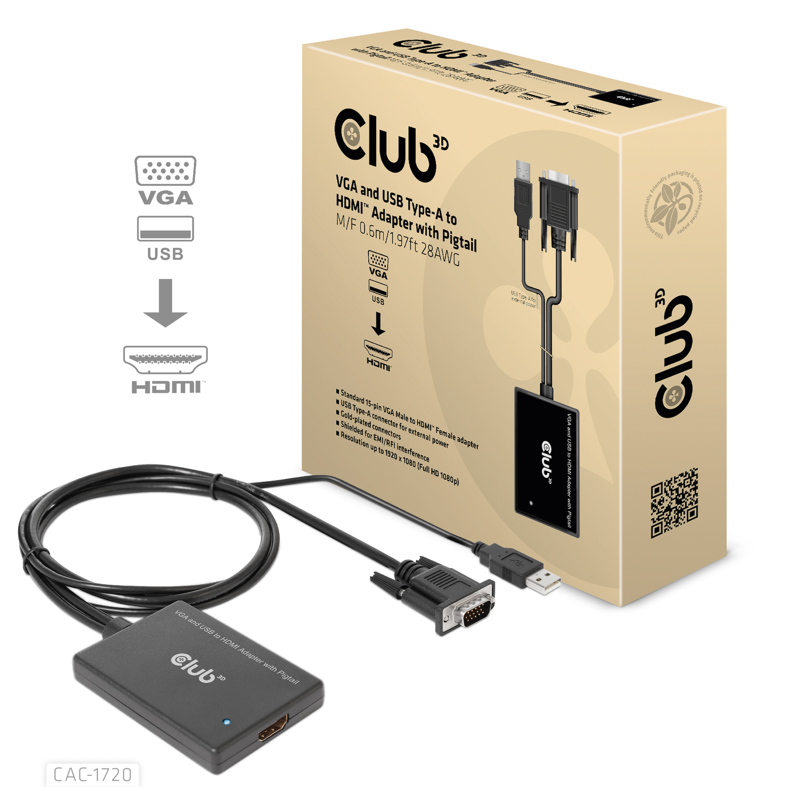 Club 3D Adapter VGA + USB-A HDMI 0,6m St Bu