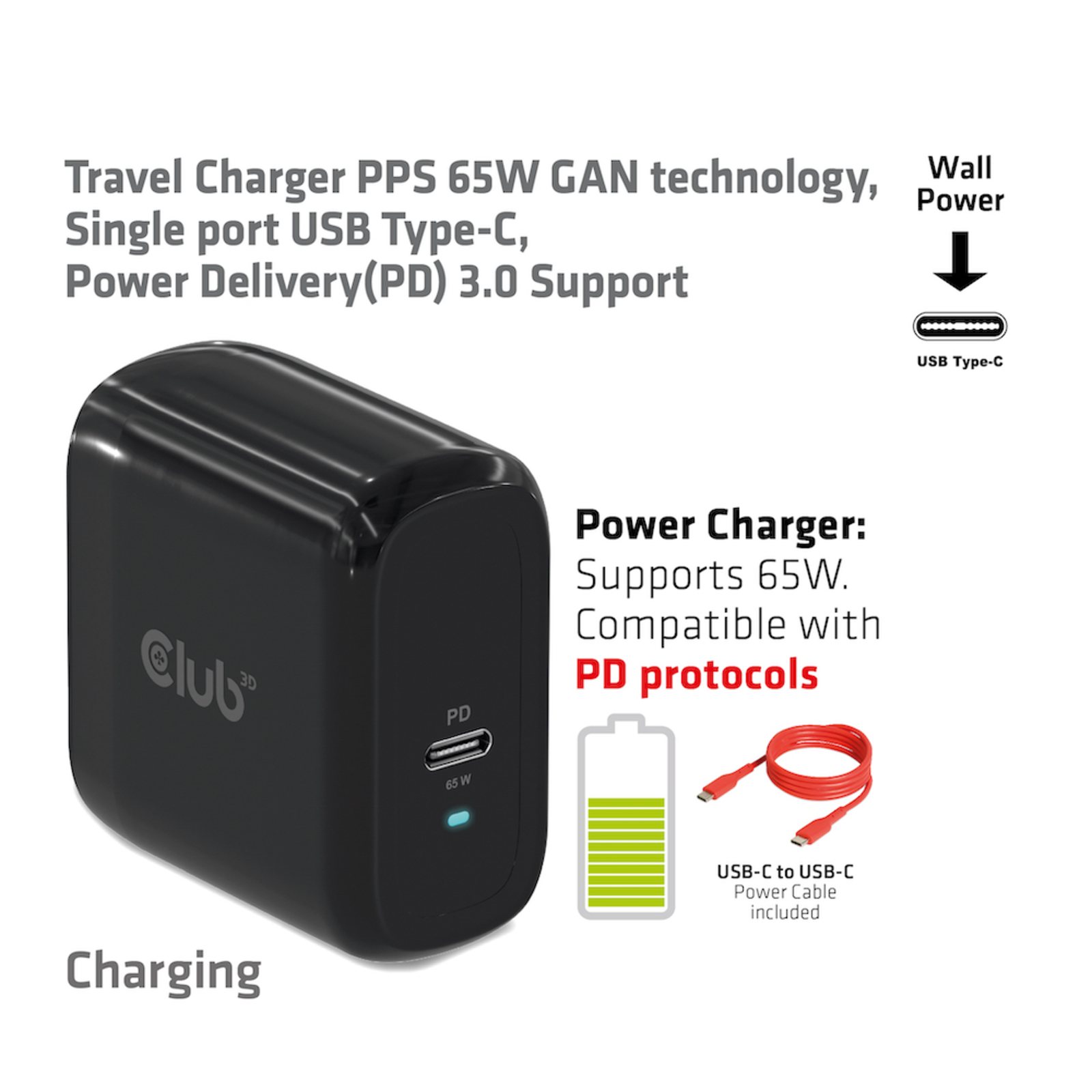 Club 3D Travel Charger 1xUSB Type C PD 65W