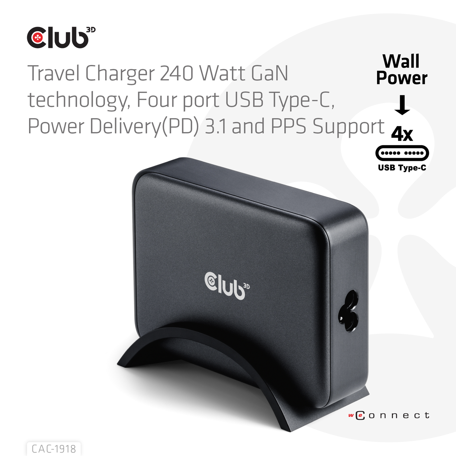 Club 3D Travel Charger 240 Watt GaN Technology Four Port USB Type-C Power DeliveryPD 3.1