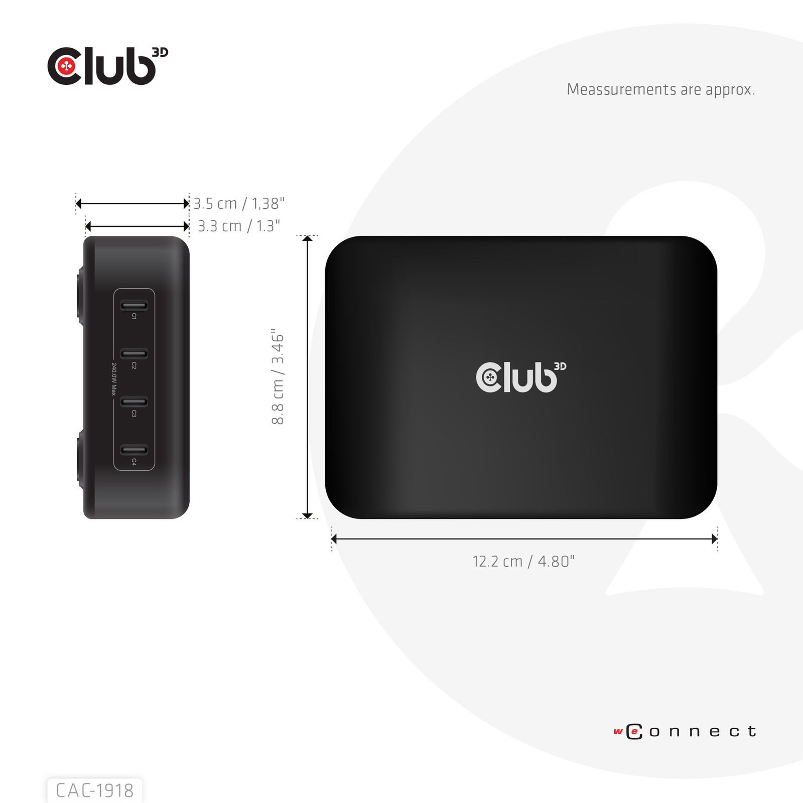 Club 3D Travel Charger 240 Watt GaN Technology Four Port USB Type-C Power DeliveryPD 3.1
