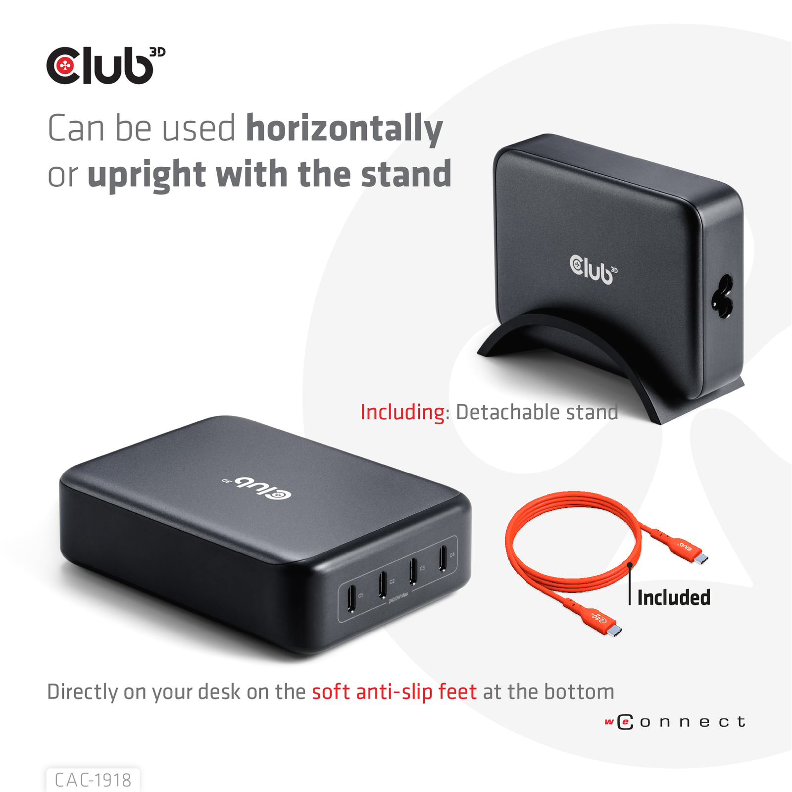 Club 3D Travel Charger 240 Watt GaN Technology Four Port USB Type-C Power DeliveryPD 3.1
