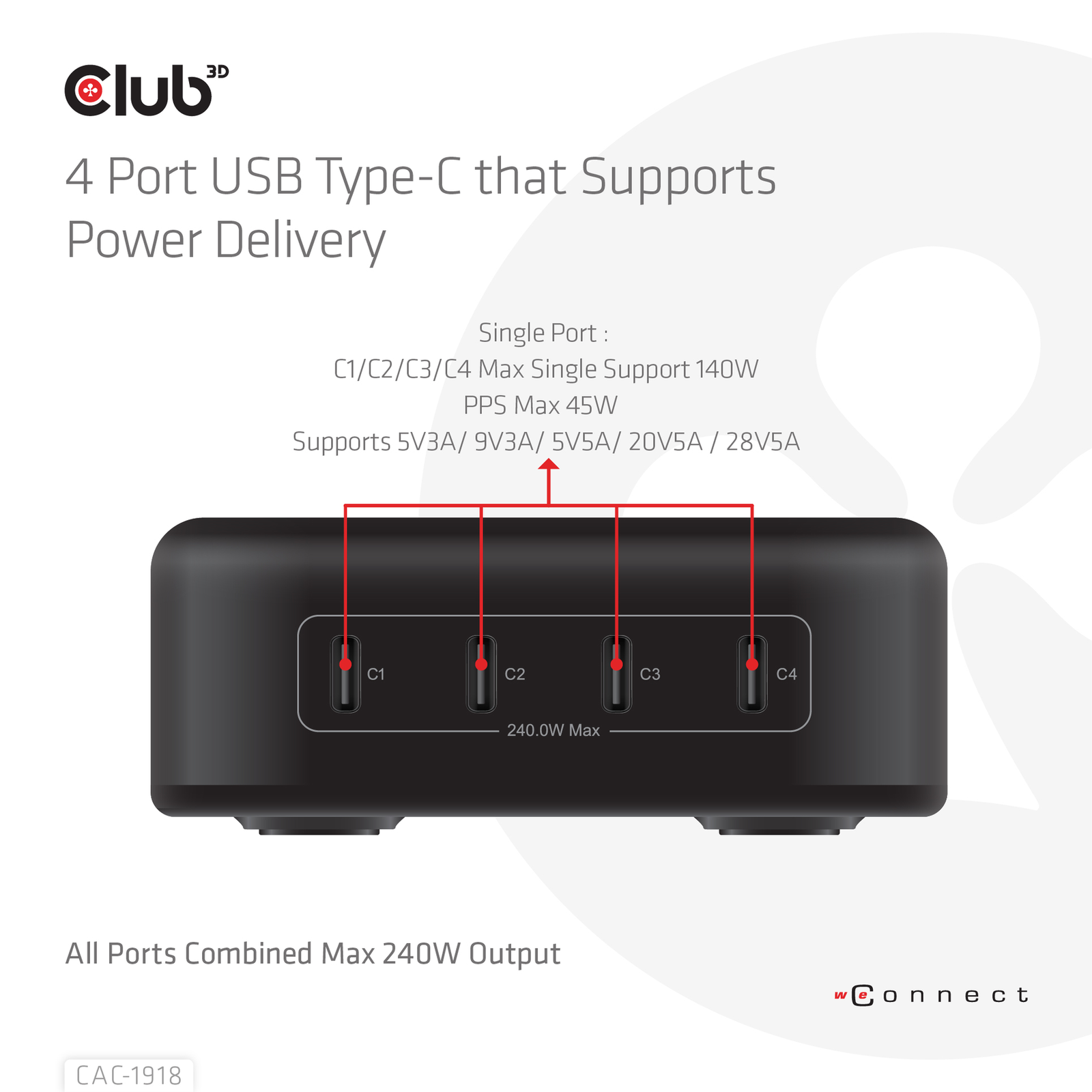 Club 3D Travel Charger 240 Watt GaN Technology Four Port USB Type-C Power DeliveryPD 3.1
