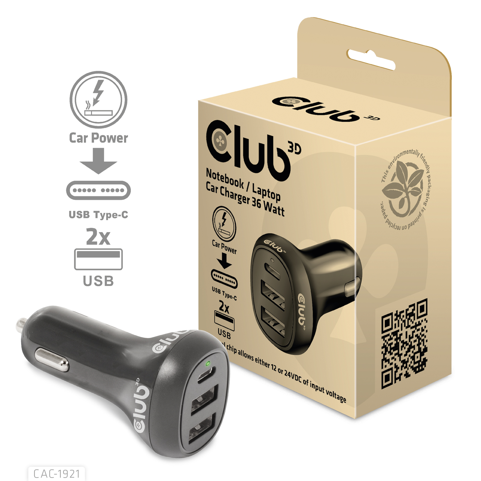 Club3D USB Car-Charger 1xUSB C 2xUSB A 36W 12 24V Retail