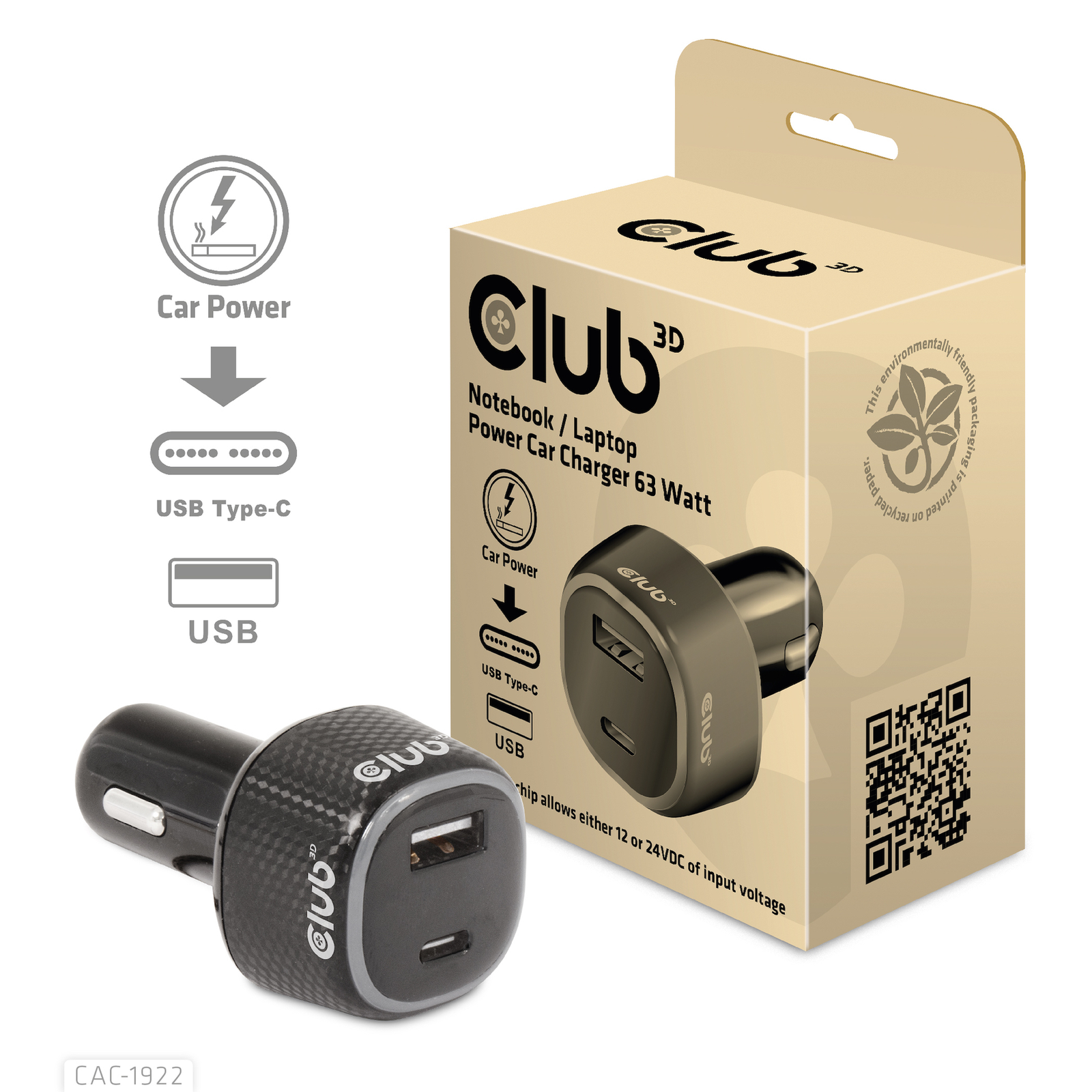 Club3D USB Car-Charger 1xUSB C 1xUSB A 63W 12 24V Retail