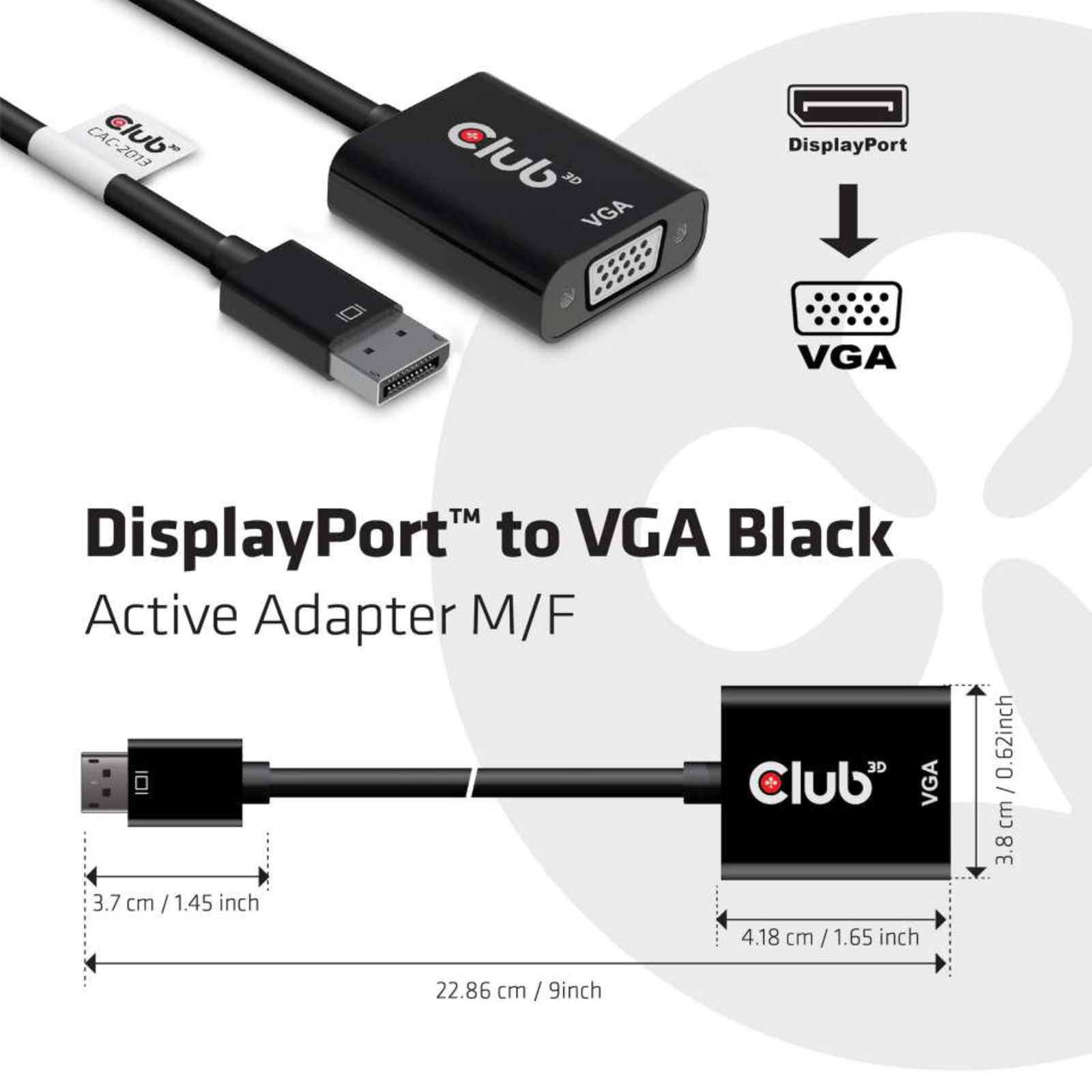 Club 3D Adapter Display VGA Active St/Bu Black Polybag