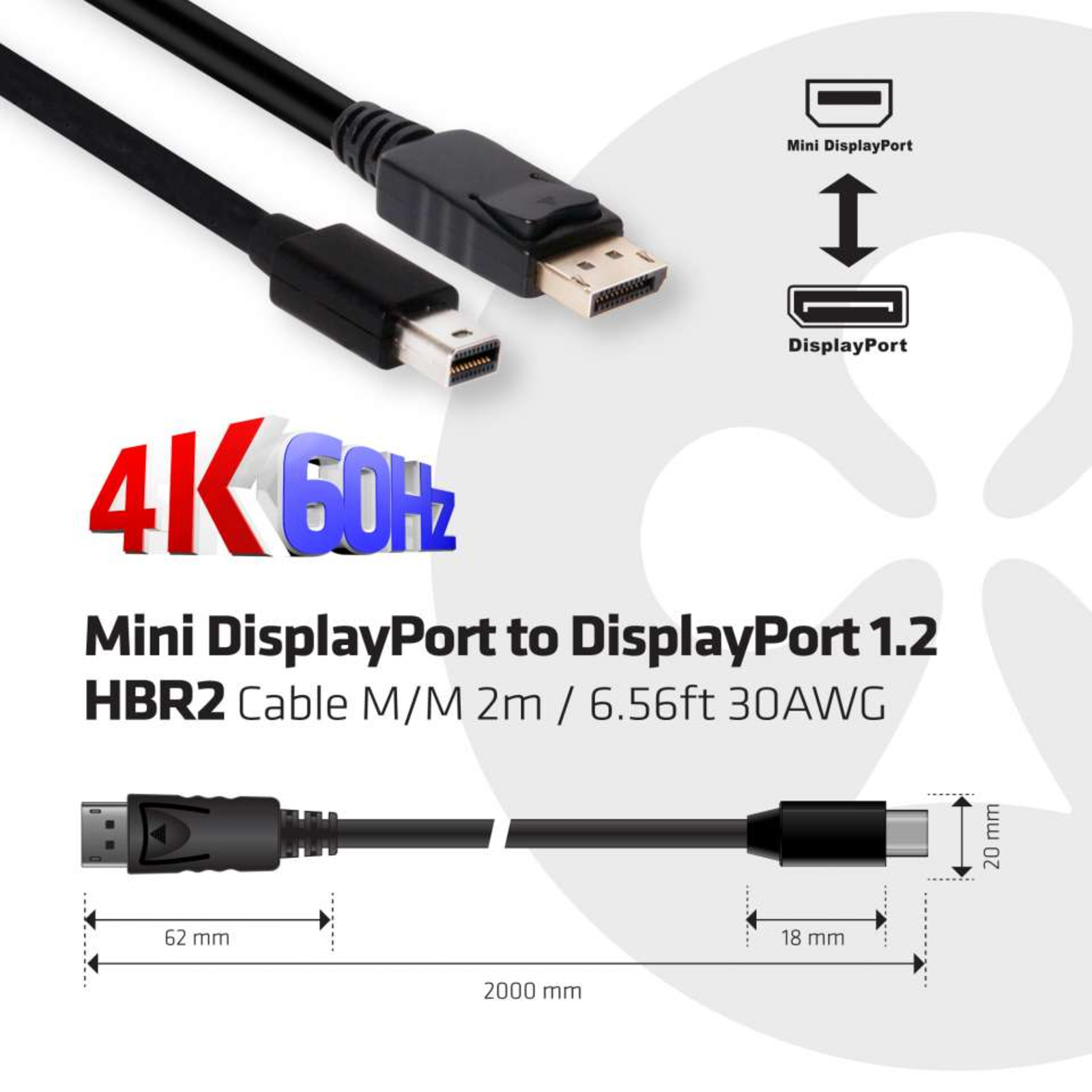 club3D Mini DisplayPort Adapter Cable Plug 2.00 M Black