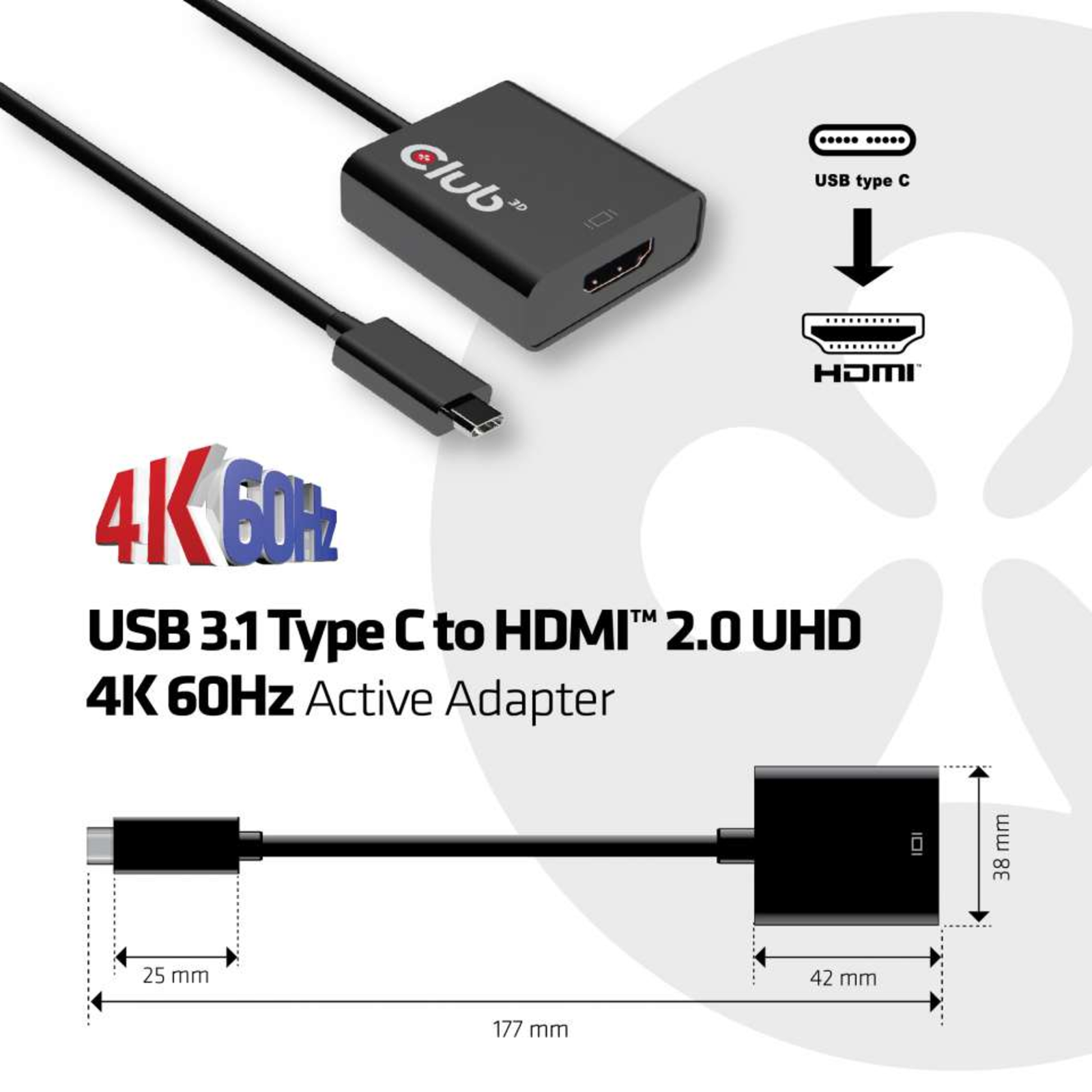 Club 3D USB 3.1 Type C to HDMI 2.0 UHD 4K Active Adapter External Videoadapter