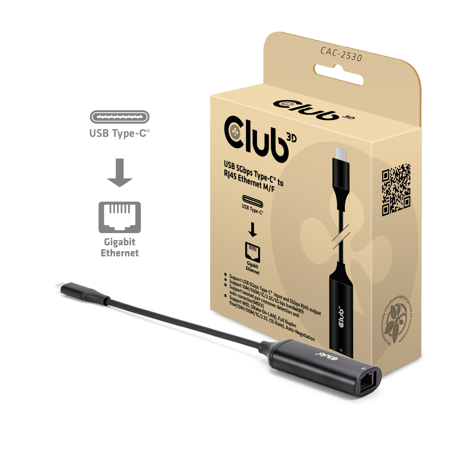 Club 3D USB-C to RJ45 Network Adapter 5Gbps 24.5 Cm