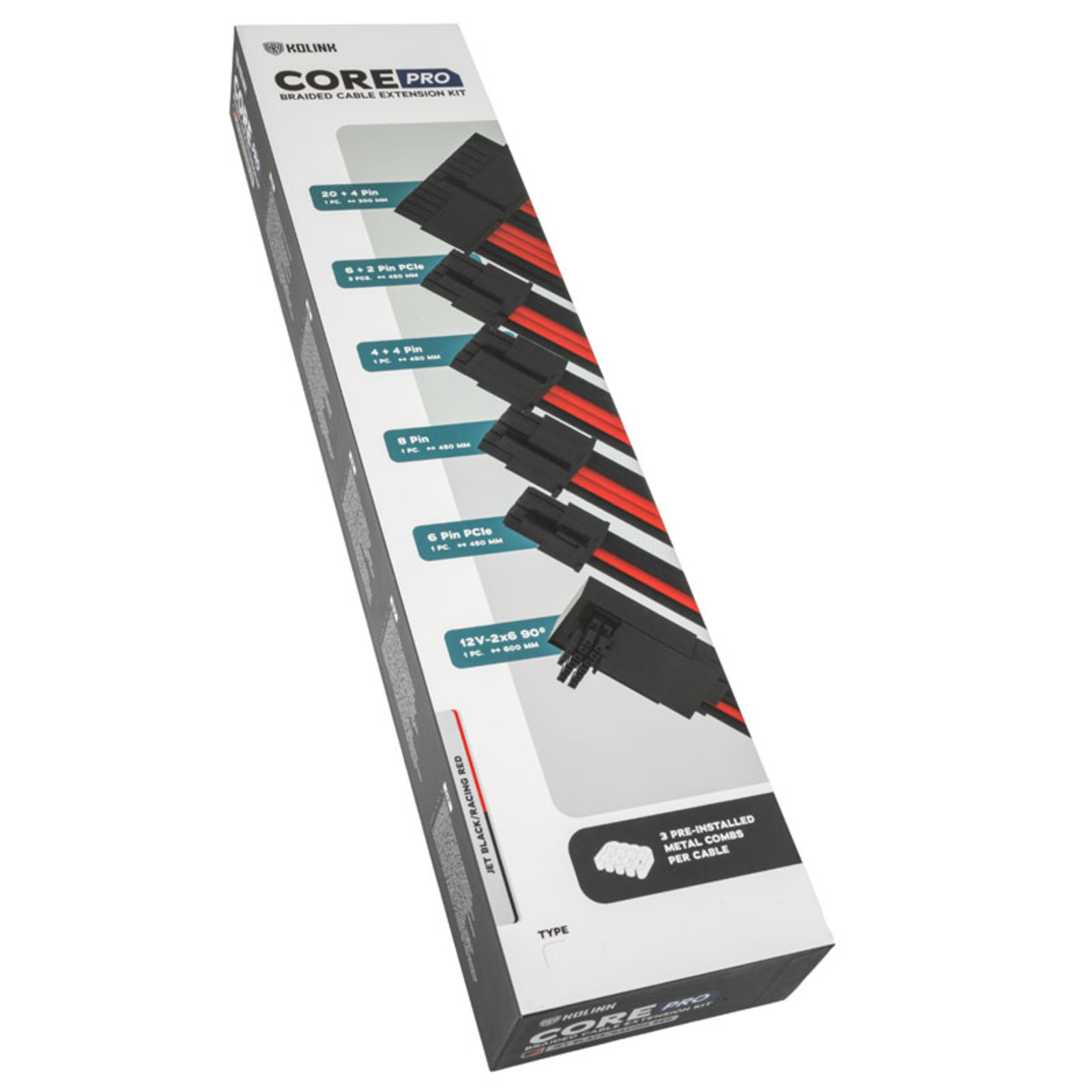 Kolink Core Pro Braided Cable Extension Kit 12V-2x6 Type 2 Jet Black/Racing Red