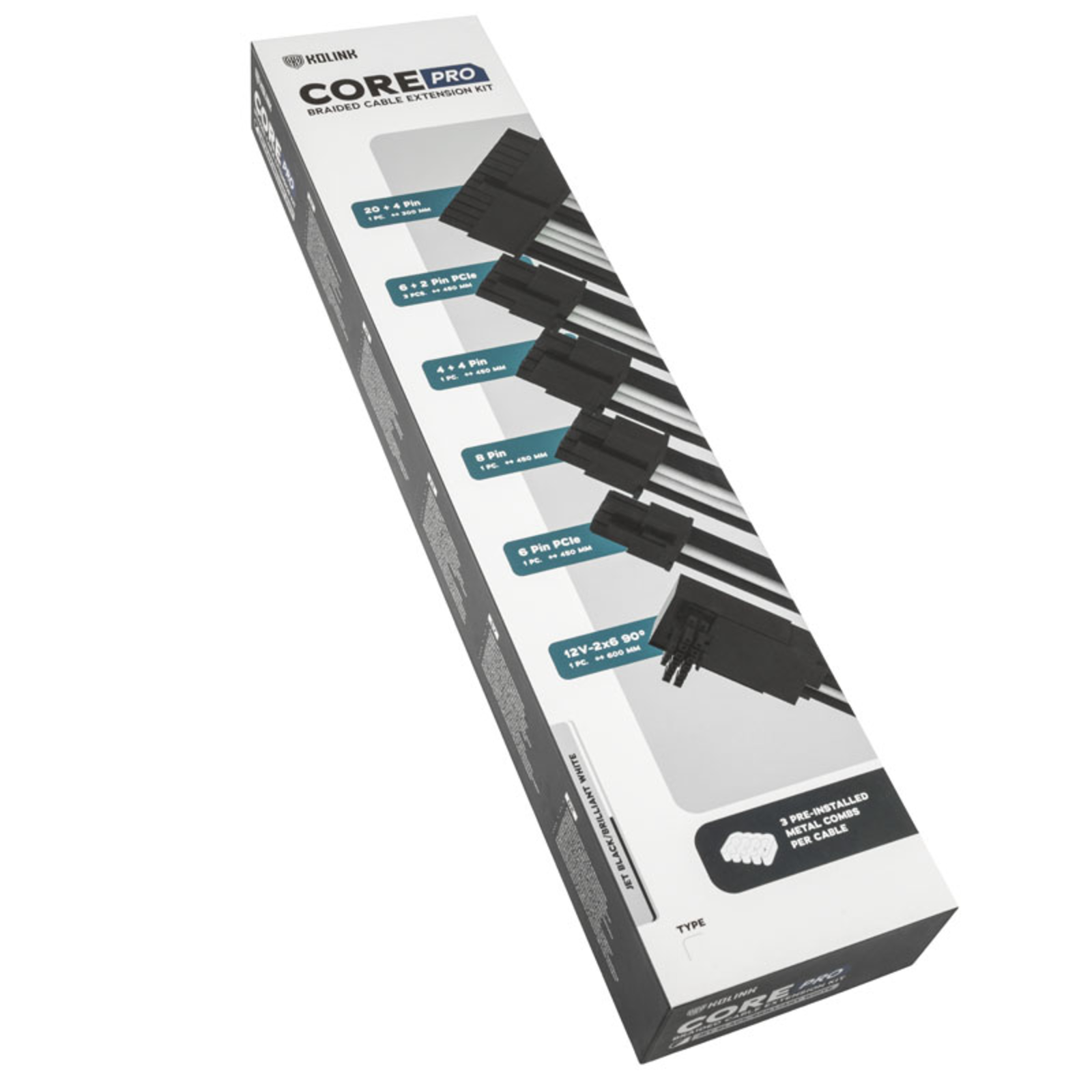 Kolink Core Pro Braided Cable Extension Kit 12V-2x6 Type 2 Jet Black/Brilliant White