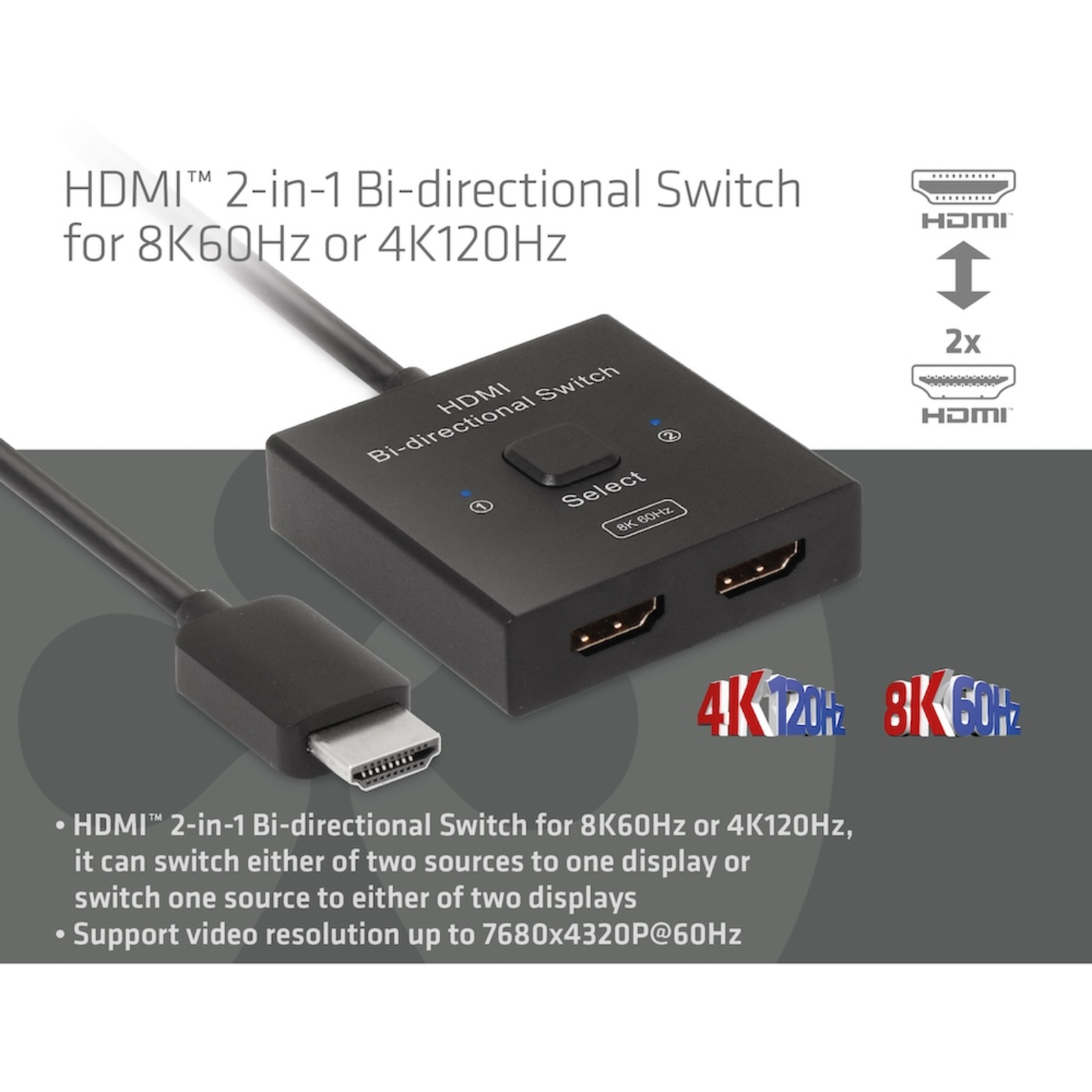 Club 3D HDMI 2-in-1 Bi-directional Switch for 8K60Hz Or 4K120Hz