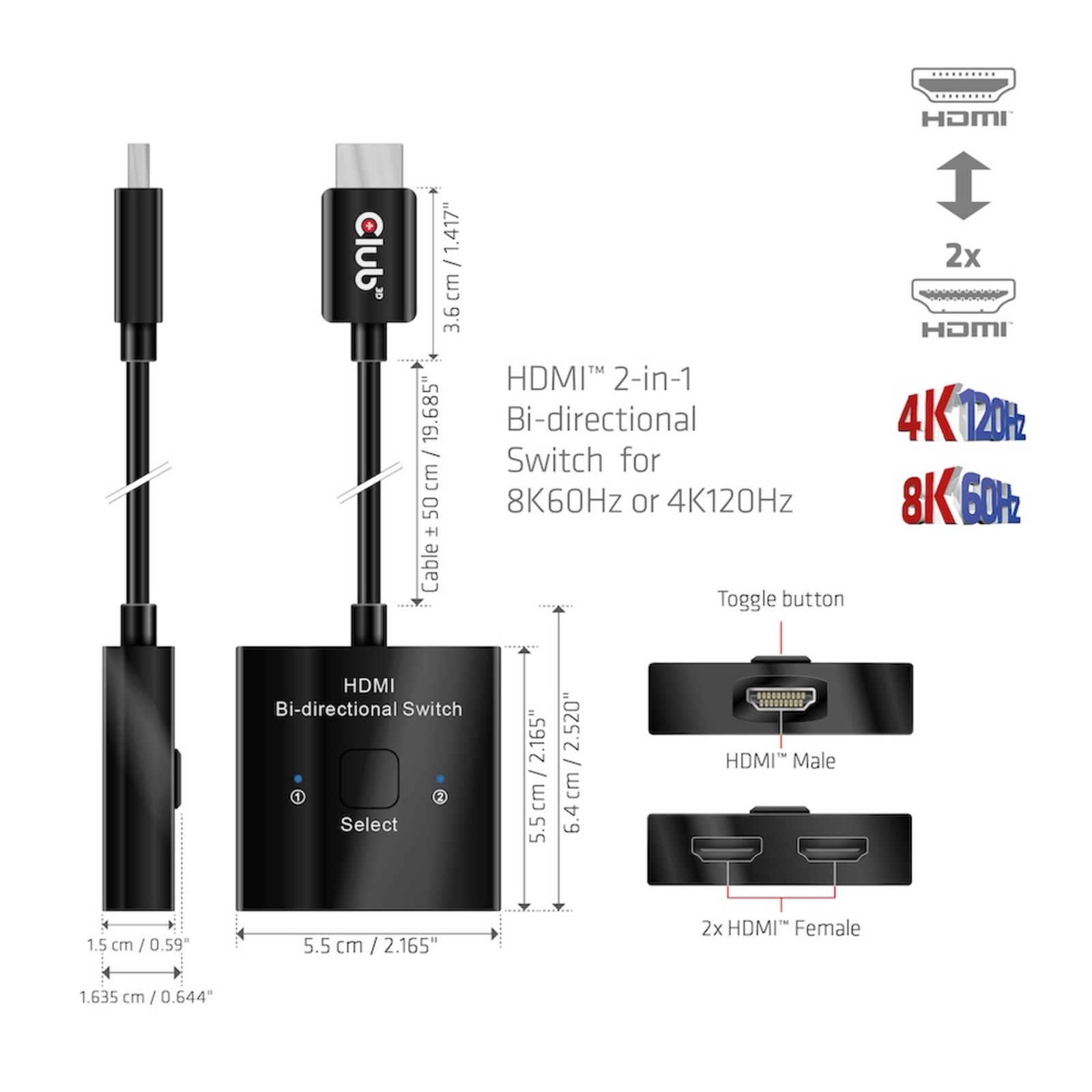 Club 3D HDMI 2-in-1 Bi-directional Switch for 8K60Hz Or 4K120Hz