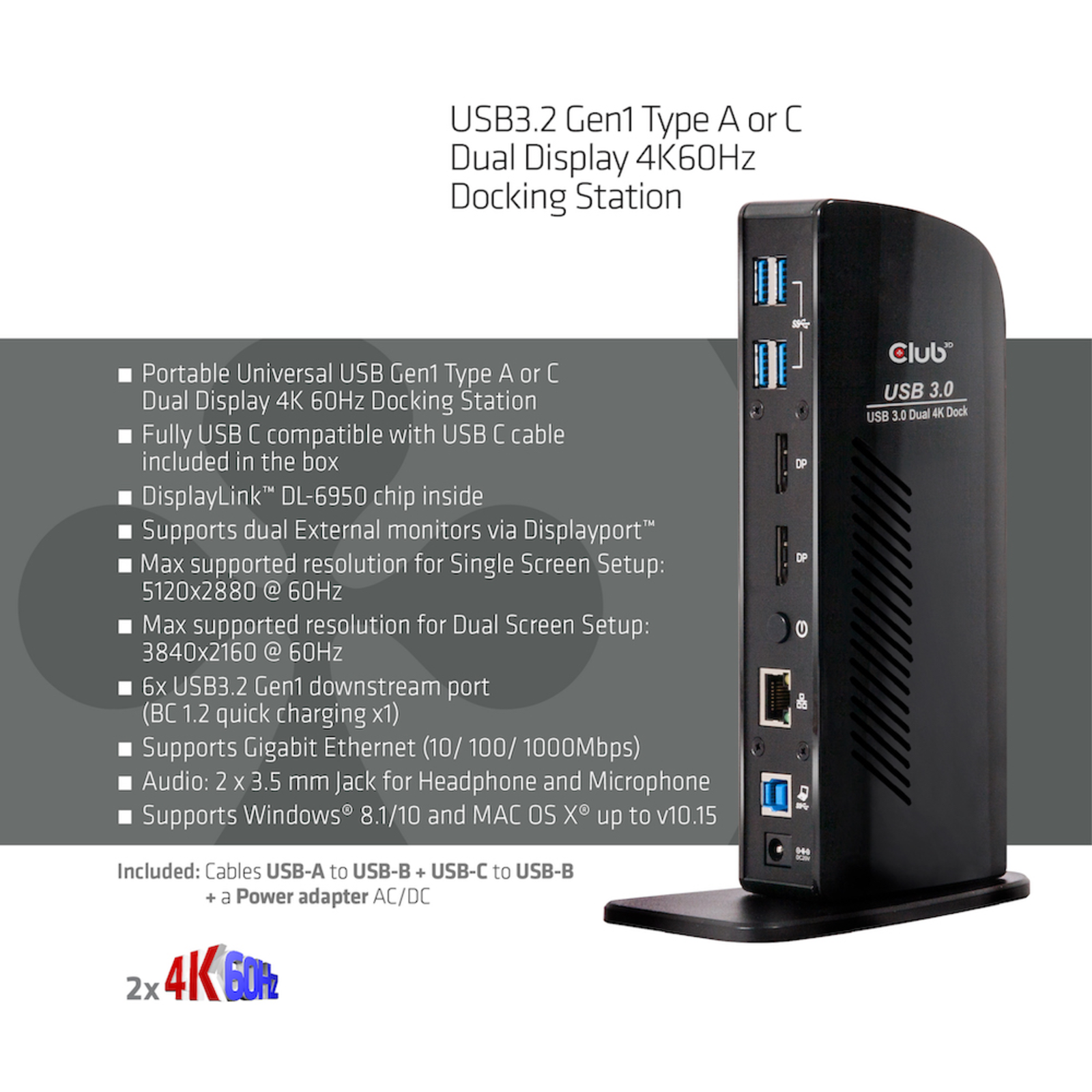 Club 3D USB 3.0 Dual Display 4K60Hz Docking