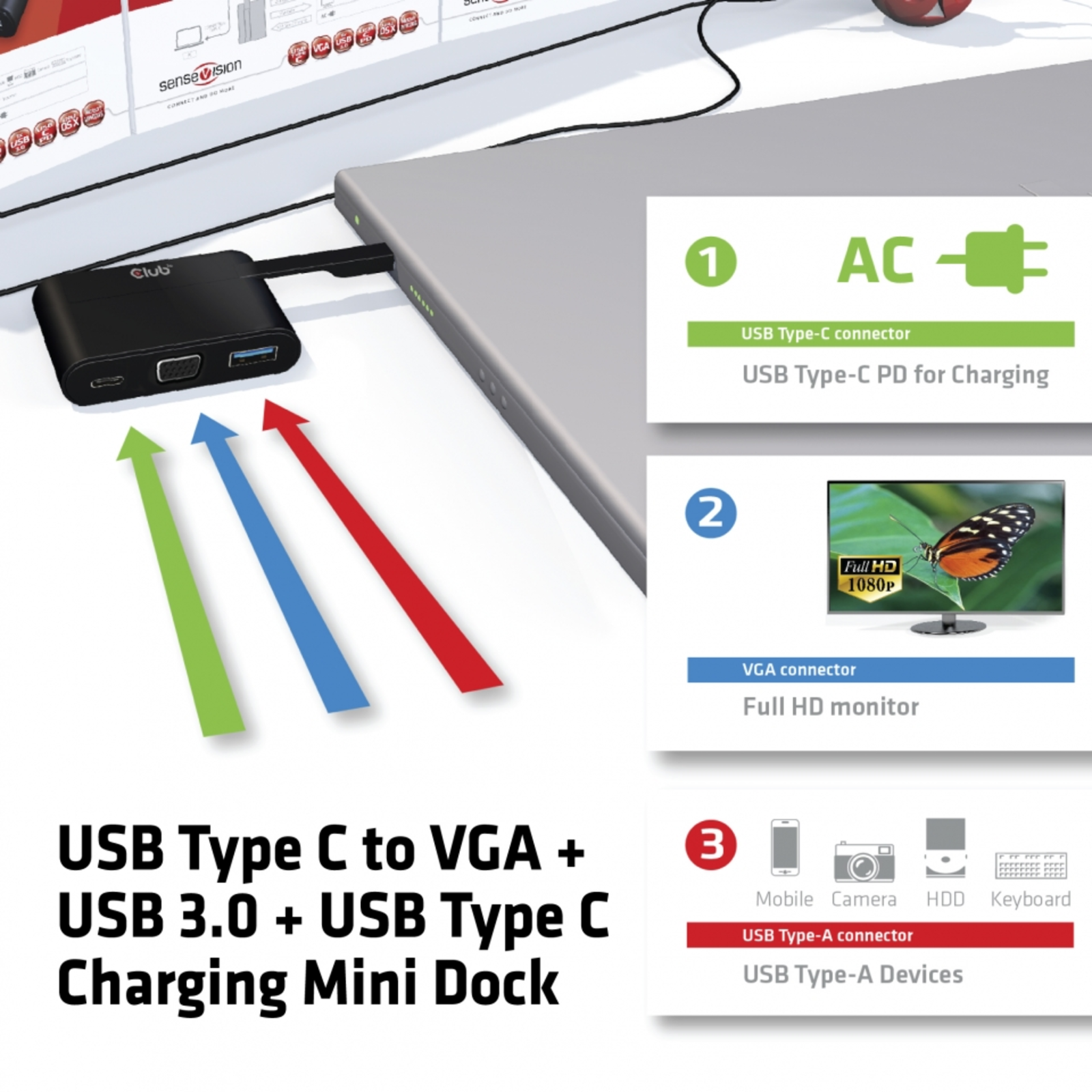 Club 3D CSV-1532 USB-C 3.1 Gen 1 VGA Mini Dock Black
