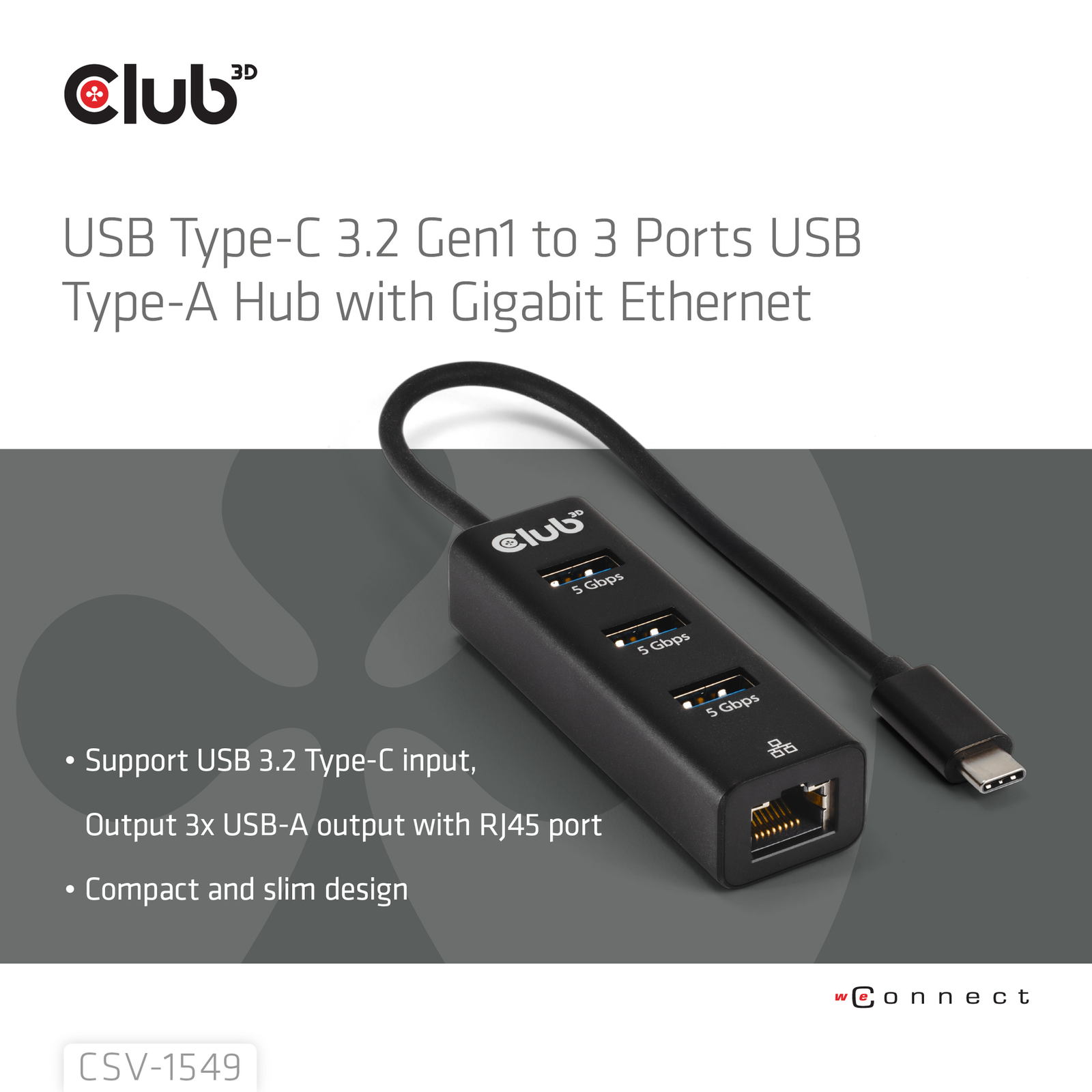 Club 3D Docking Station USB 3.2 Gen1 Type-C 3-port Hub with Gigabit Ethernet