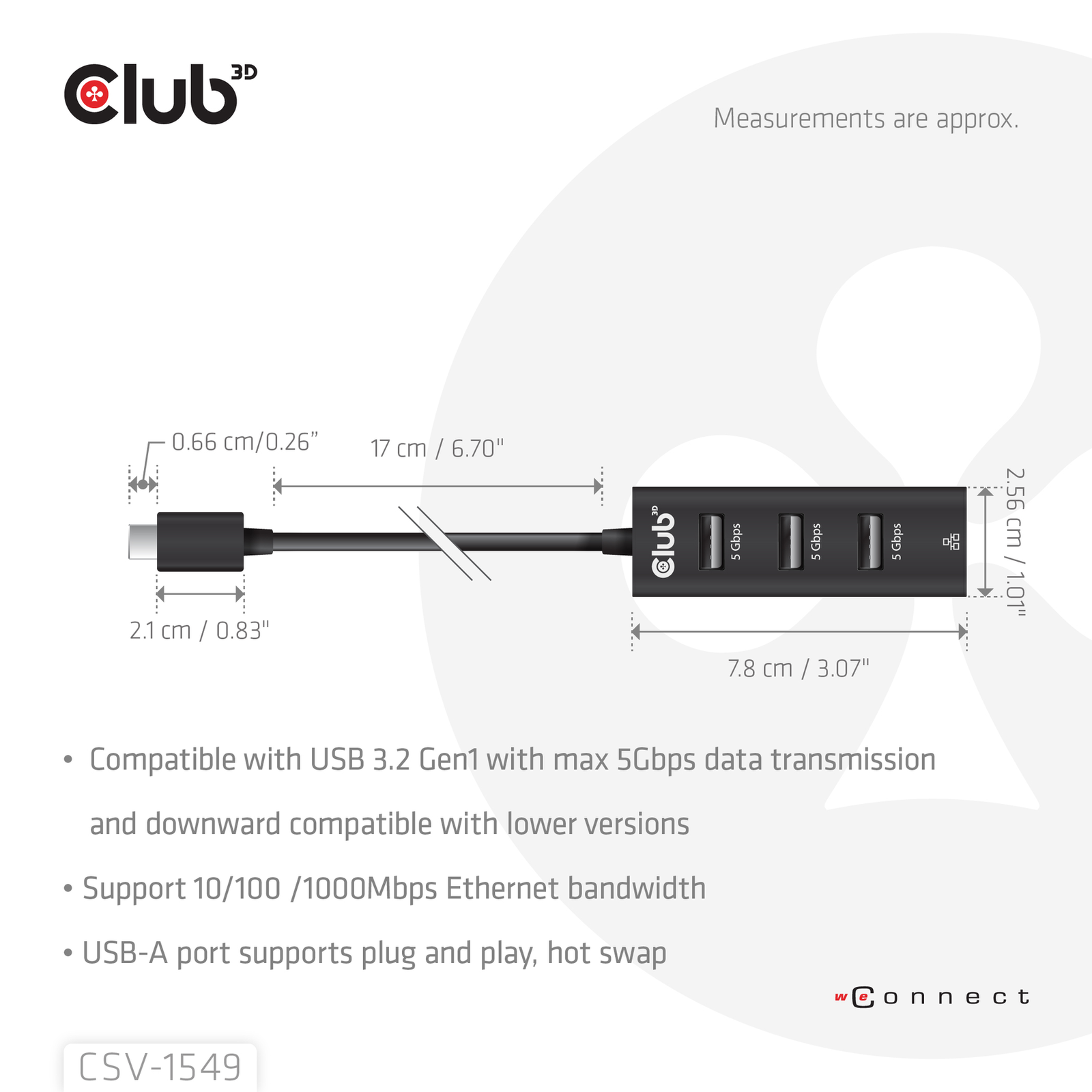 Club 3D Docking Station USB 3.2 Gen1 Type-C 3-port Hub with Gigabit Ethernet