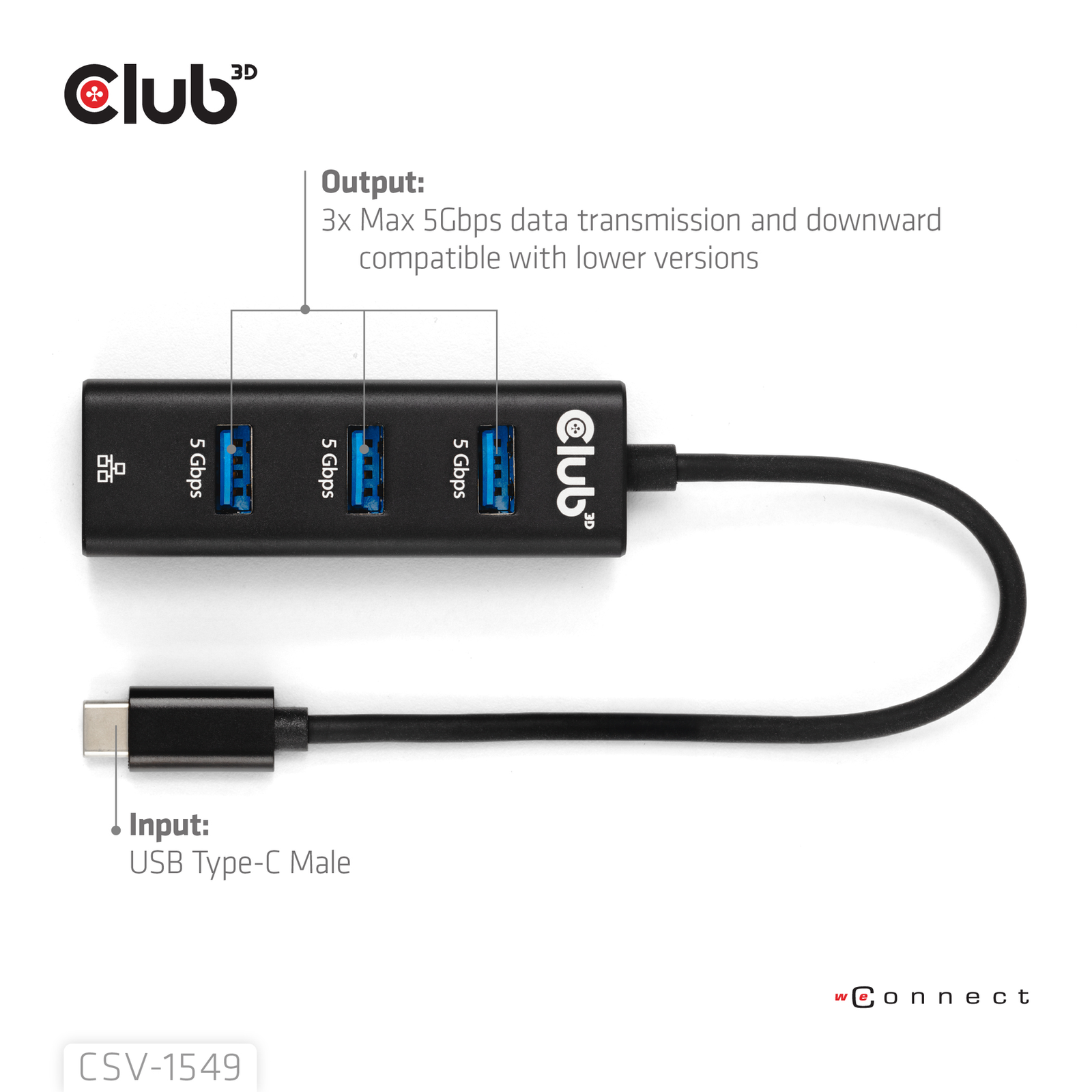 Club 3D Docking Station USB 3.2 Gen1 Type-C 3-port Hub with Gigabit Ethernet