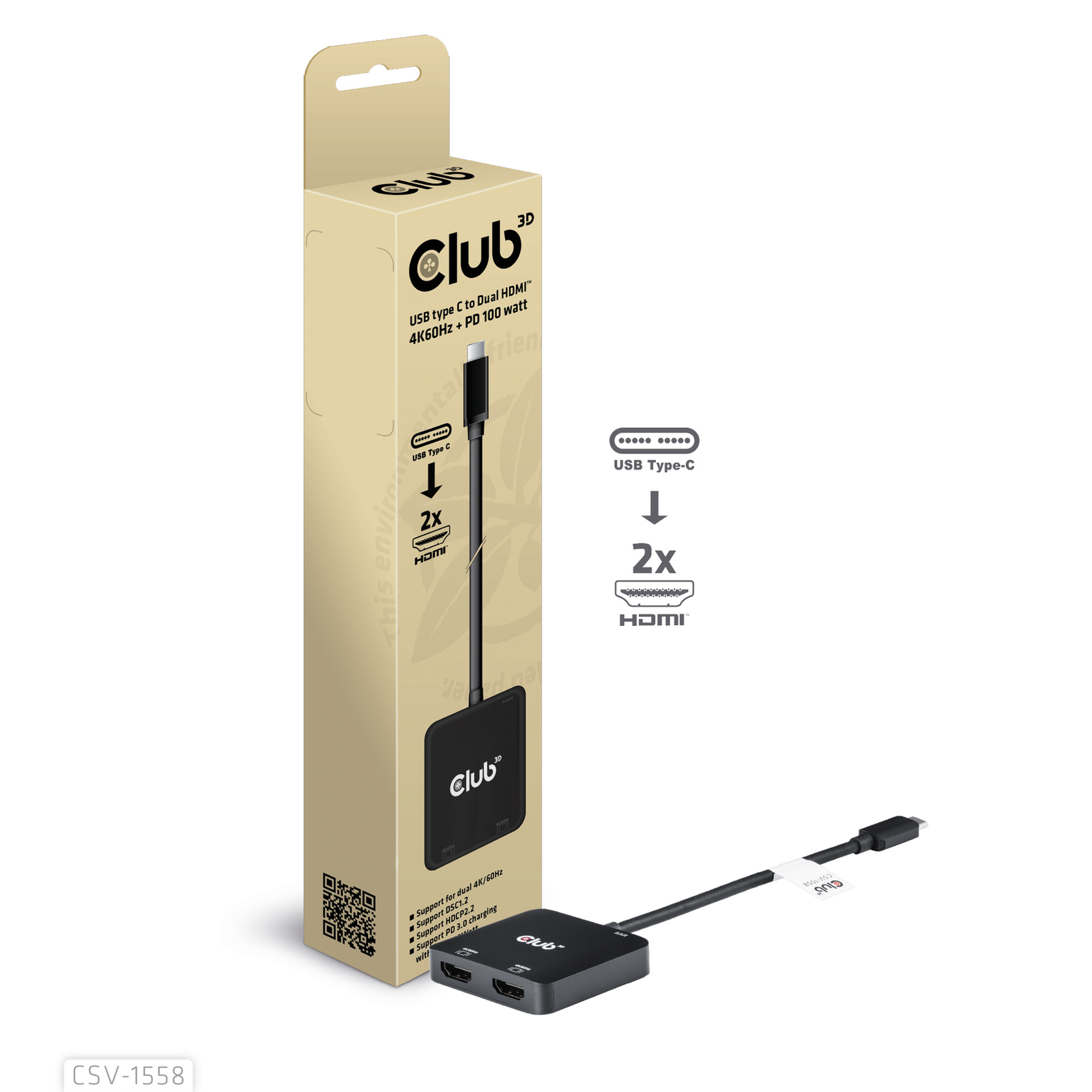 Club 3D MST Hub USB 3.2 Type C 2x HDMI 4K60Hz +100W PD St/Bu