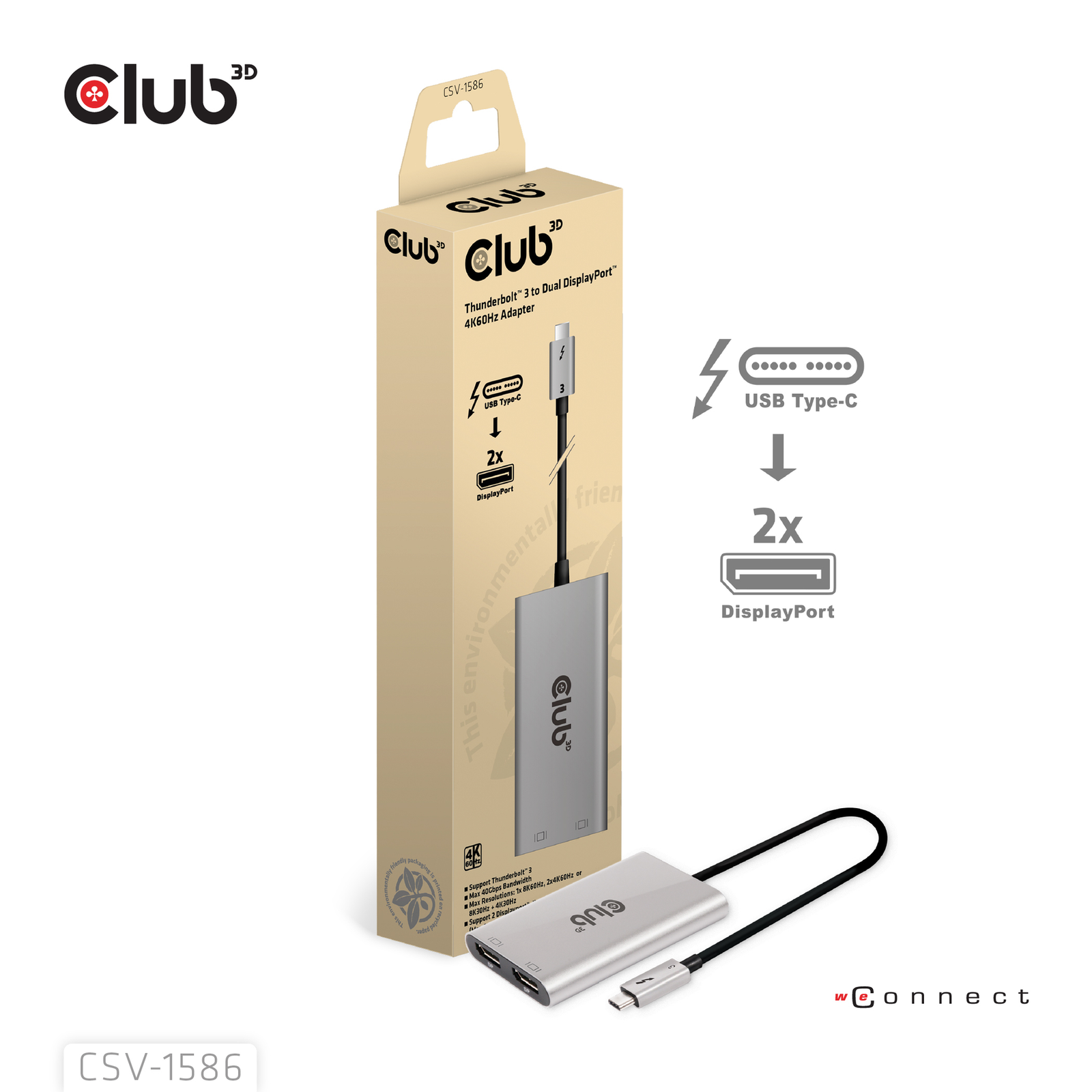 Club 3D Adapter Thunderbolt 3 Displayport 1.2 Club3D Dual Monitor 4K 60Hz