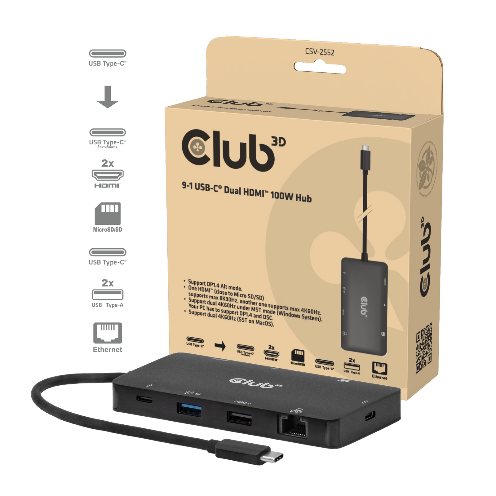 club3D USB-C Docking Station CSV-2552 Integrated Card Reader USB-C Power Delivery