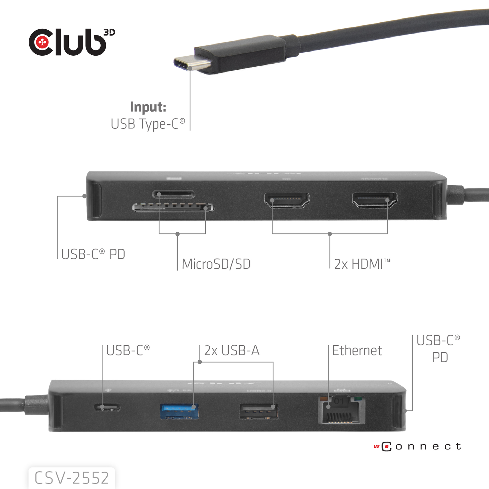club3D USB-C Docking Station CSV-2552 Integrated Card Reader USB-C Power Delivery