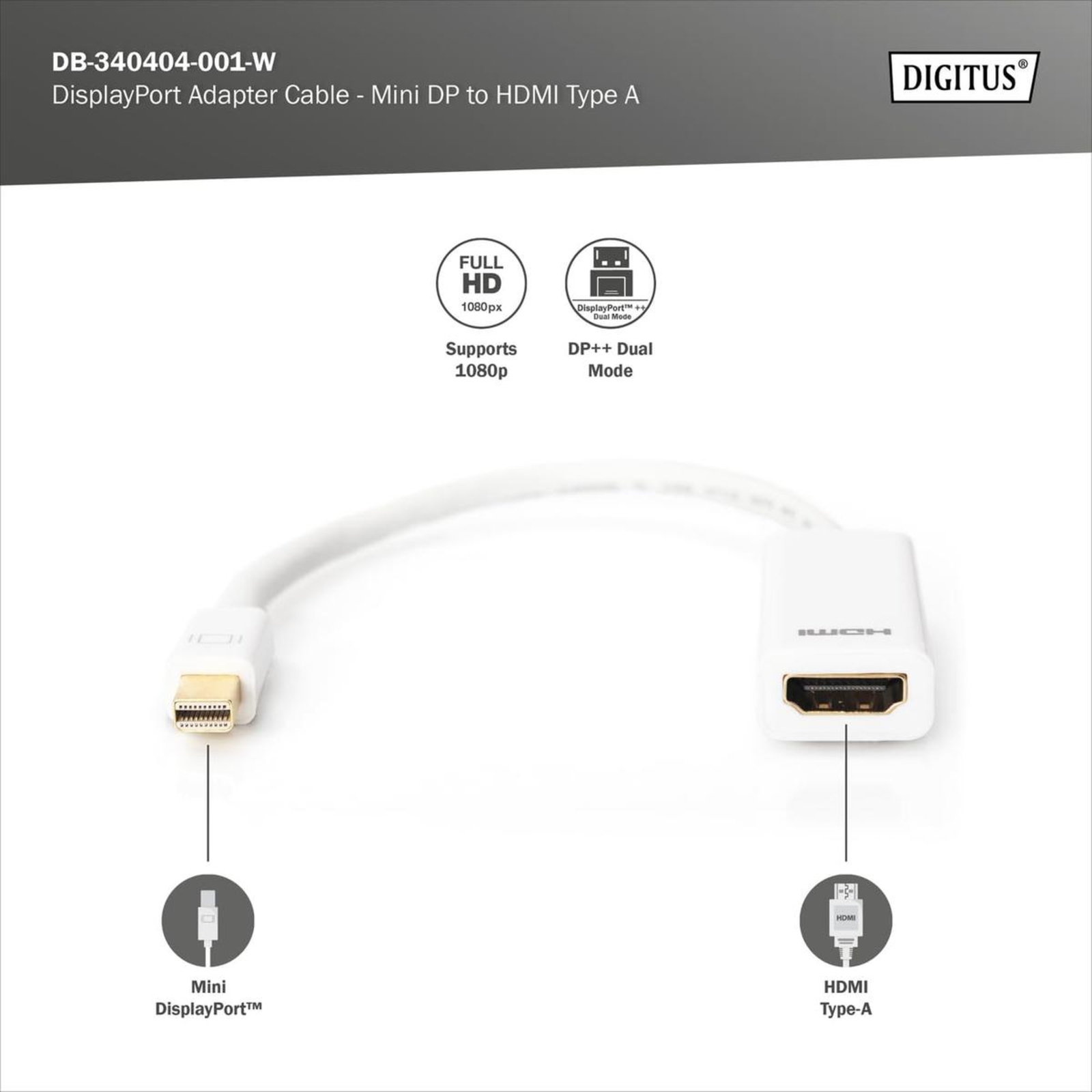 Digitus DisplayPort Adapter Cable Mini DP to HDMI Type A