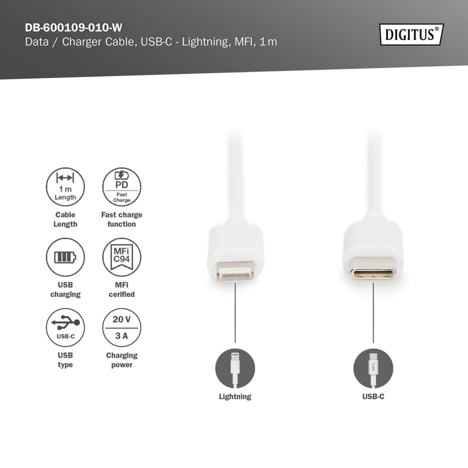 Digitus Data Charging Cable USB-C Lightning MFI 1.0m