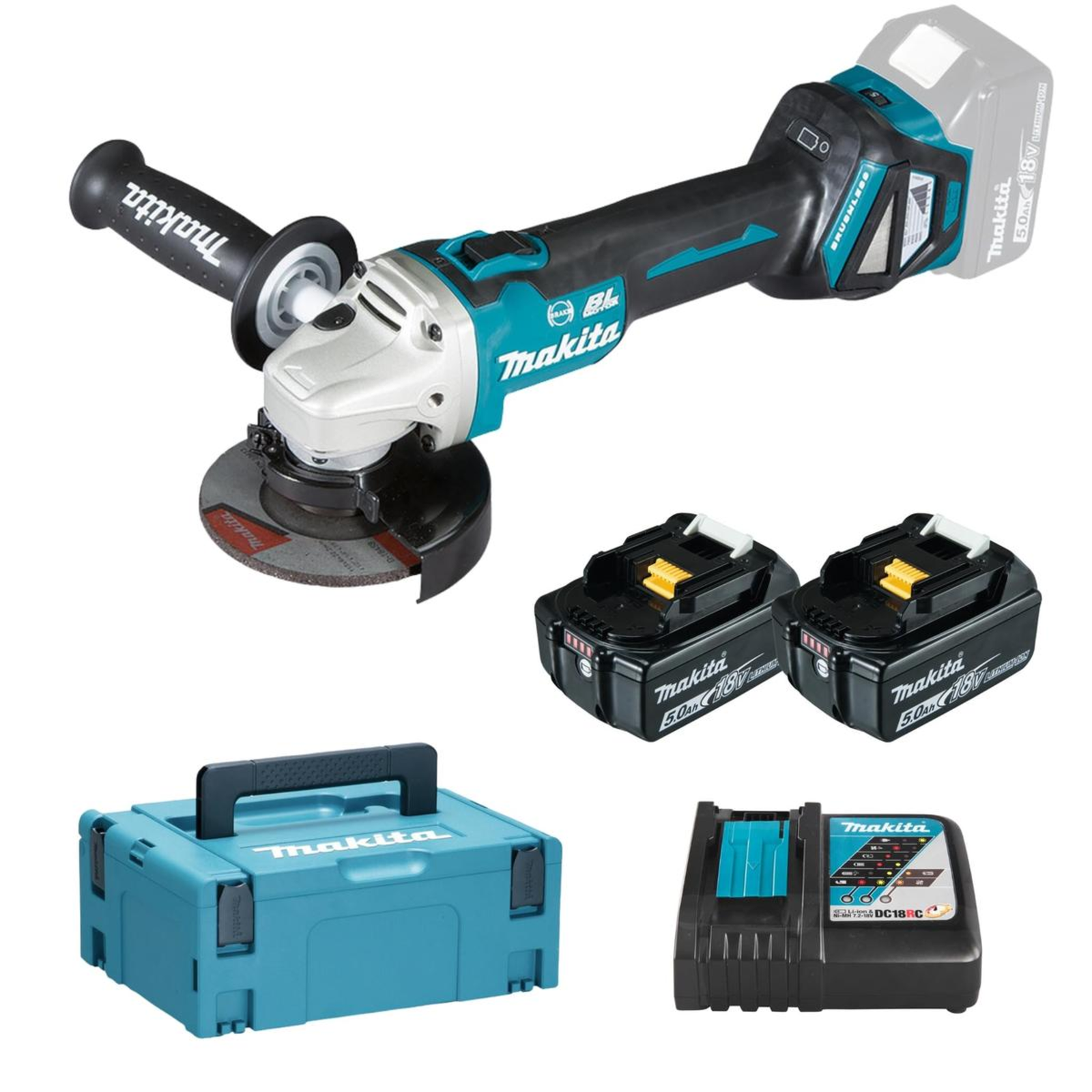 Makita Cordless Angle Grinder DGA513RTJ 18Volt Blue Black 2x Li-ion Battery 5.0Ah in MAKPAC Size 2