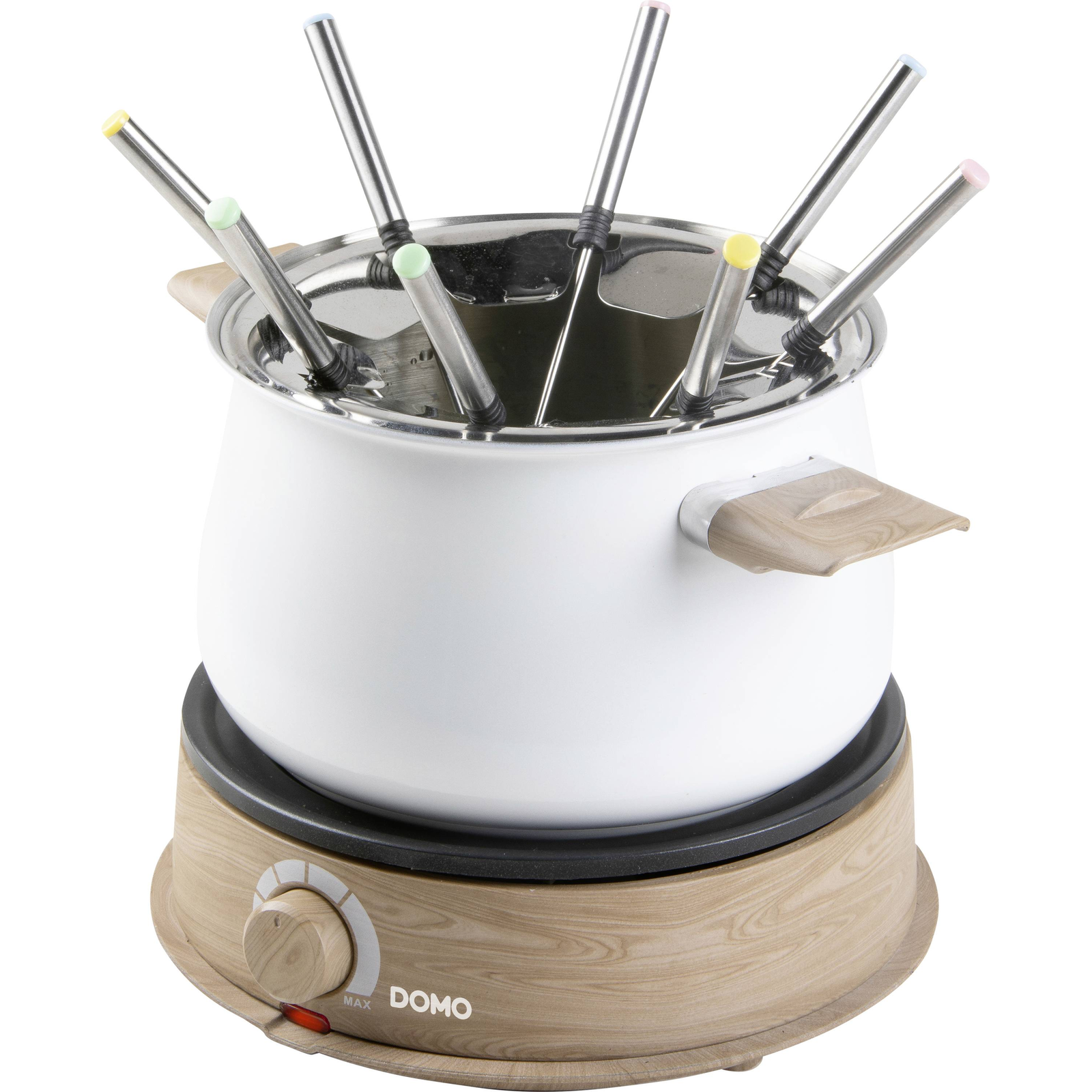 DOMO DO736F Fondue 1500 W Indicator Light 8 Fondue Forks Wood White