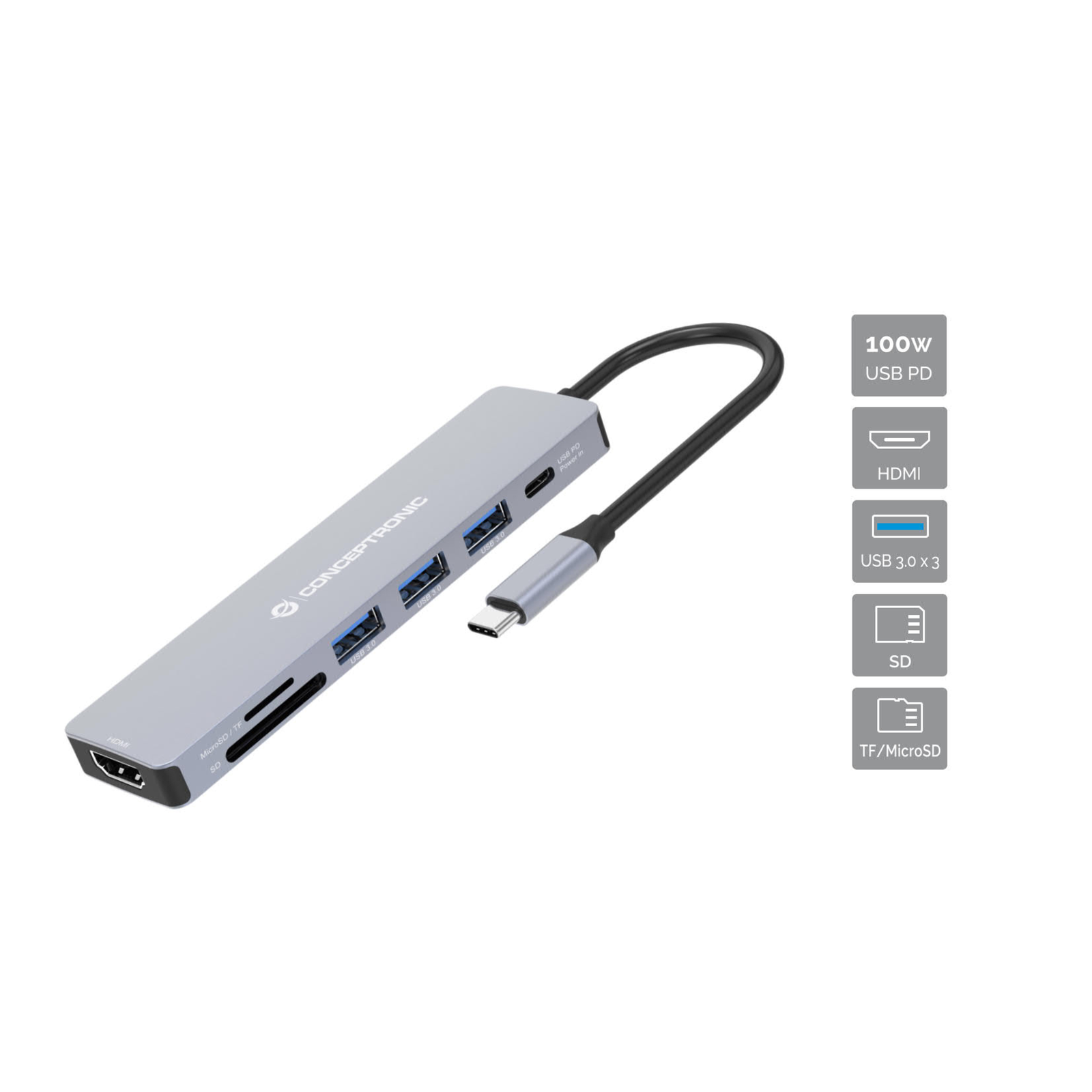 Conceptronic 7-in-1 USB 3.2 Gen 1 Docking Station HDMI USB-A 3.0 X 3 SD TF/MicroSD 100W PD 3.1 T