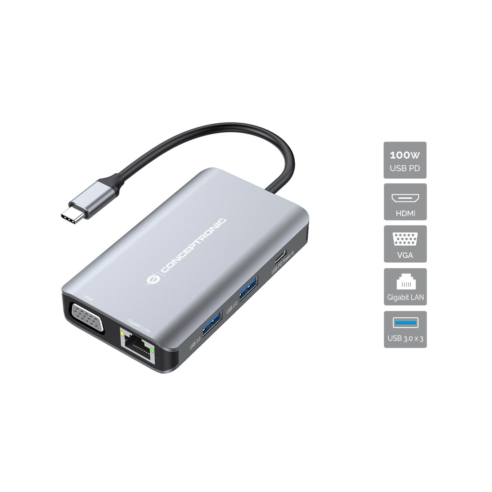 Conceptronic DONN21G Wired USB 3.2 Gen 1 (3.1 Gen 1) Type-C 100 W 1000 Mbit/s Grey 4K Ultra HD