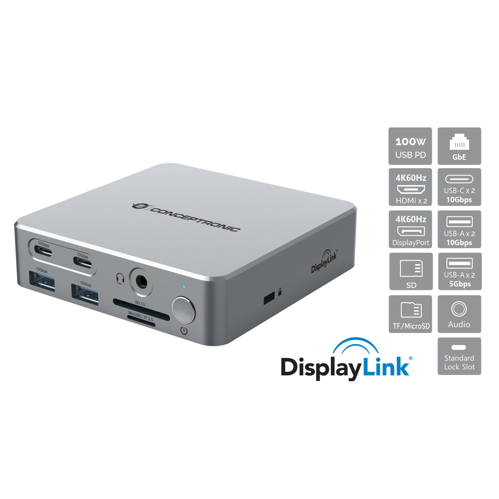 Conceptronic Dock USB-C-2xHDMI 2xUSB-C 4xUSB-A DP GbE LAN