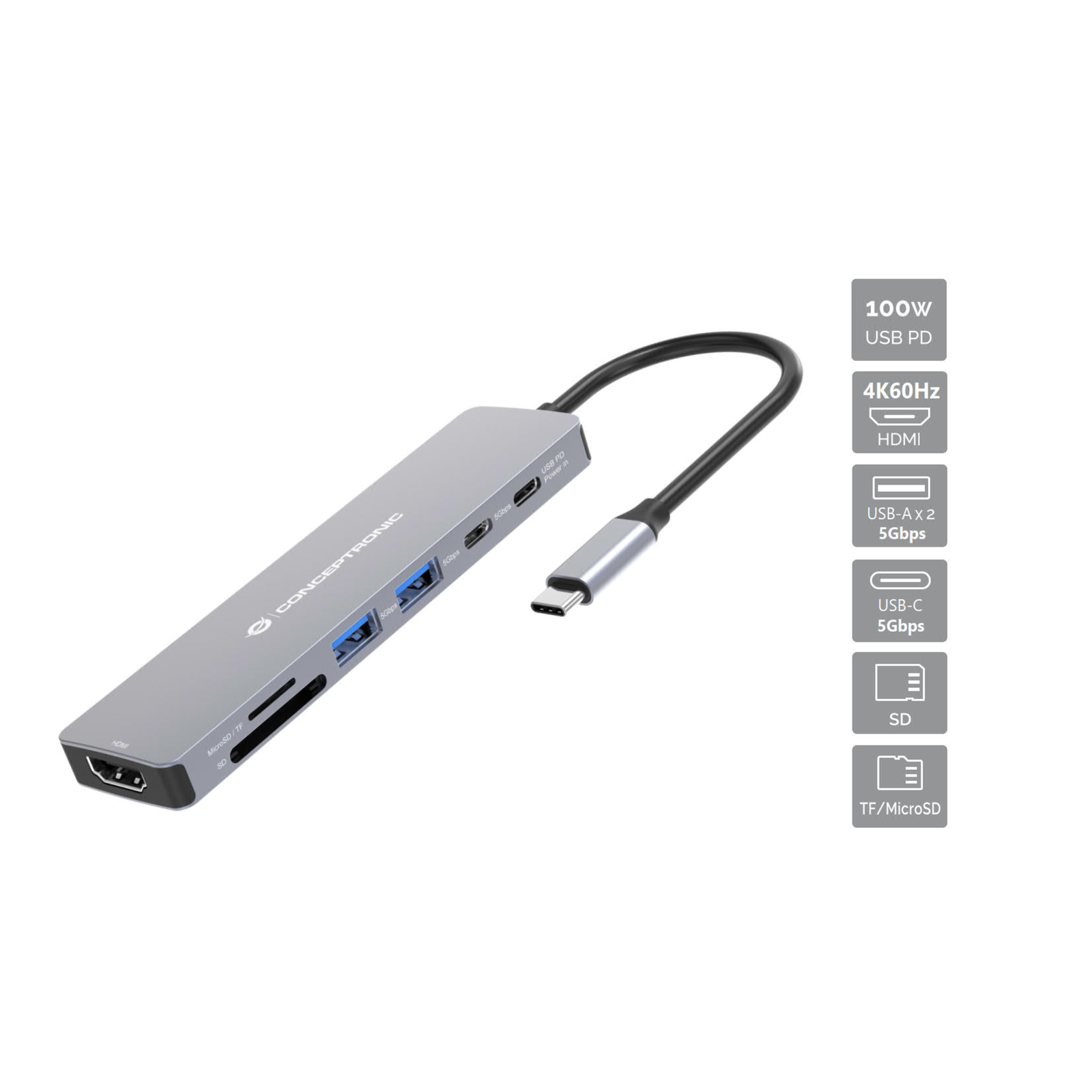 Conceptronic Dock USB-C-HDMI 2xUSB-A 2xUSB-C SD TF 0.25m