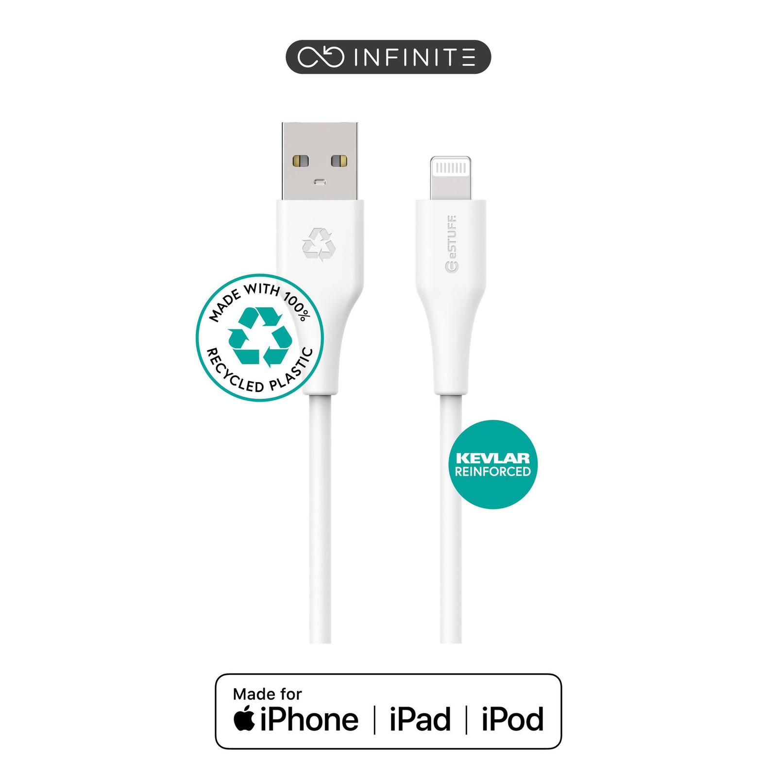 eStuff INFINITE USB-A to Lightning Cable MFI 2m White. Recycled