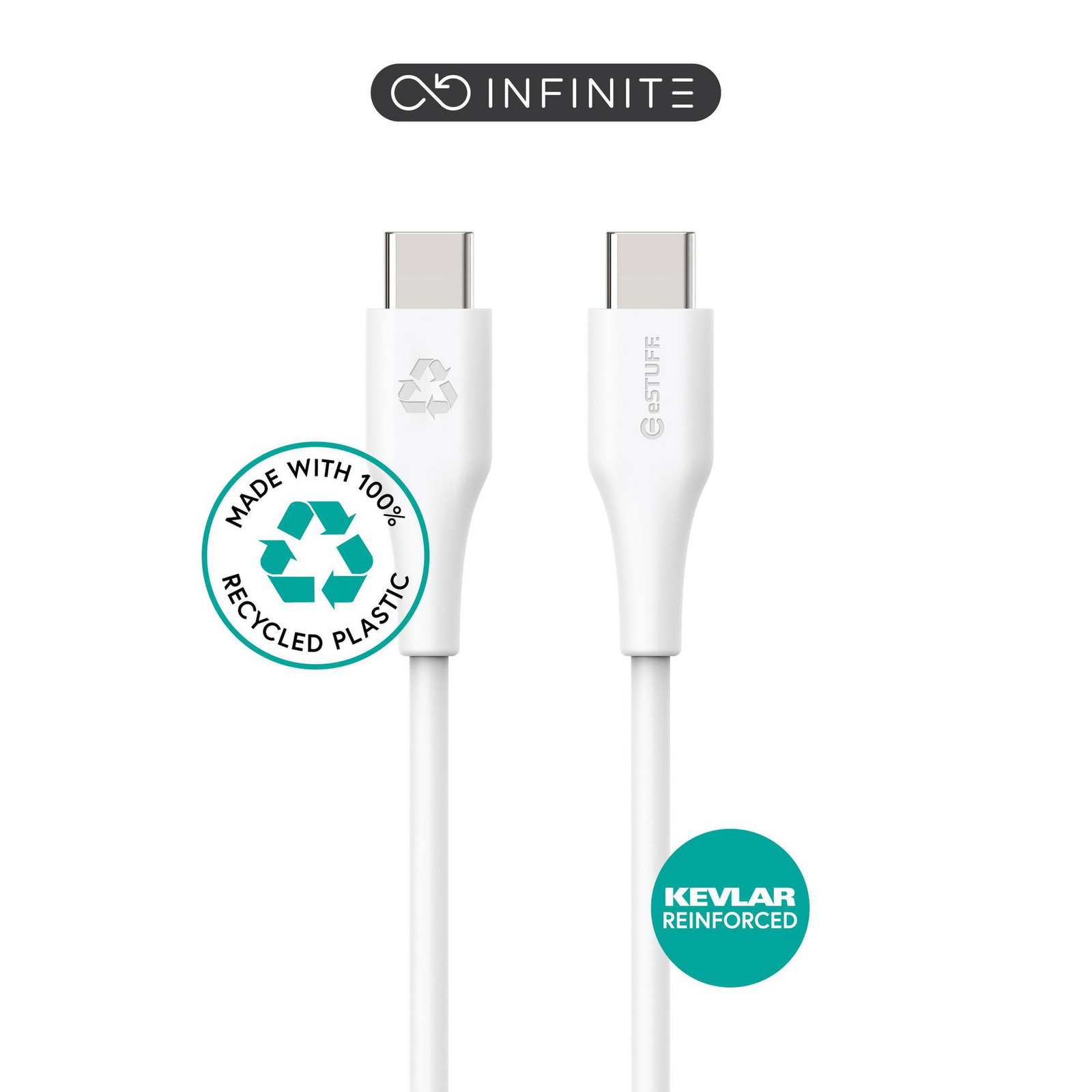 eStuff INFINITE USB-C to USB-C Cable 0.5m White. Recycled Plastic.