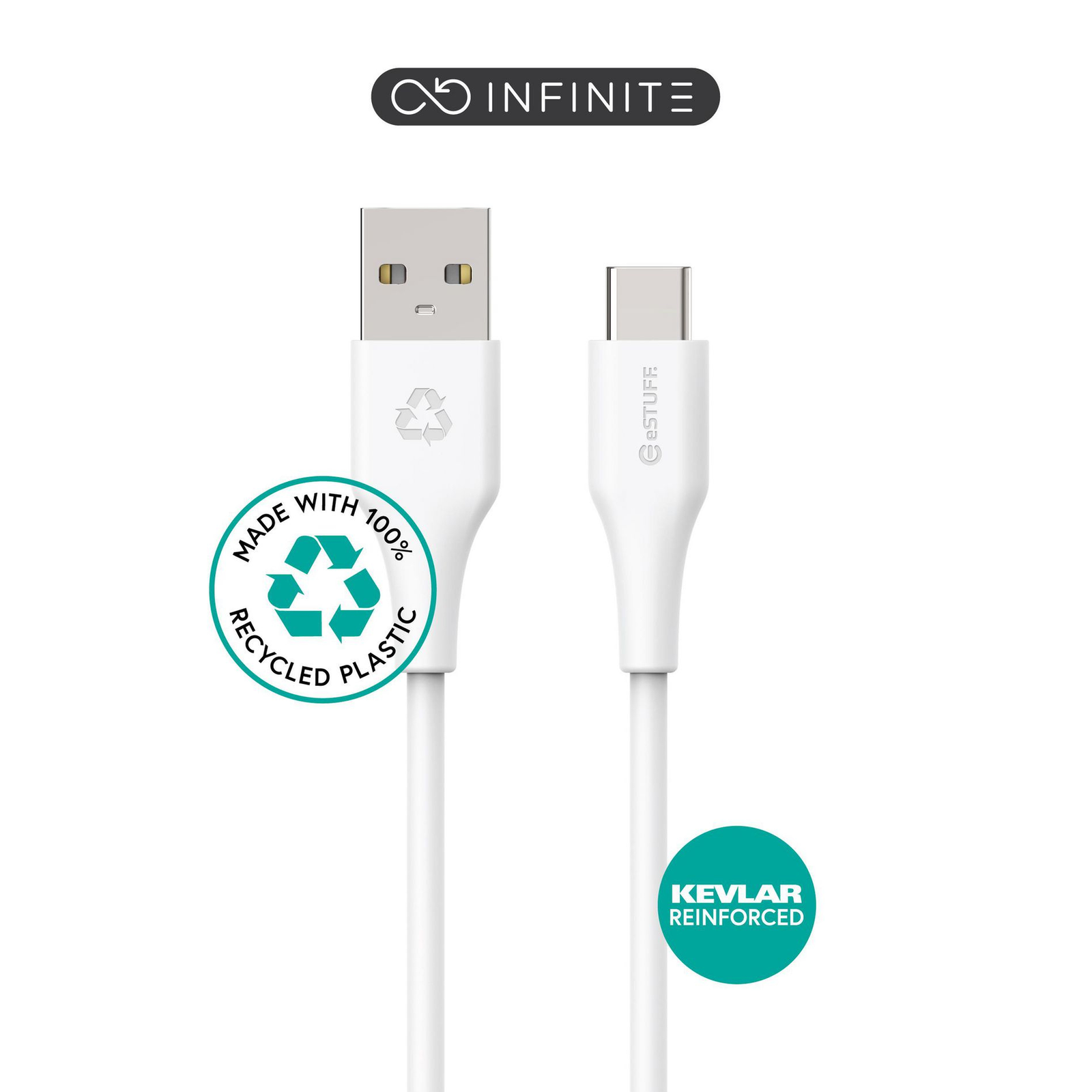 eStuff INFINITE USB-C to USB-A Cable 2m White. Recycled Plastic.