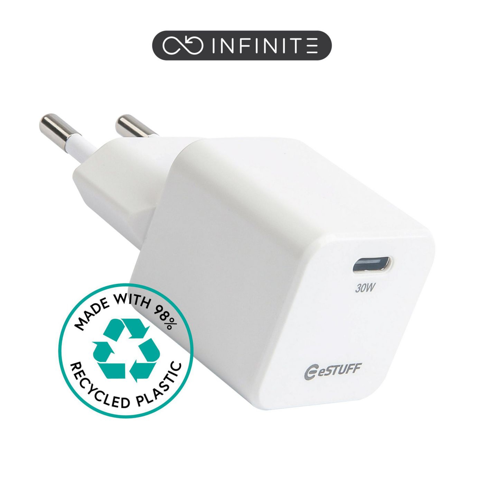 eStuff INFINITE USB-C Charger EU PD 30W GaN. 1 X USB-C. White.