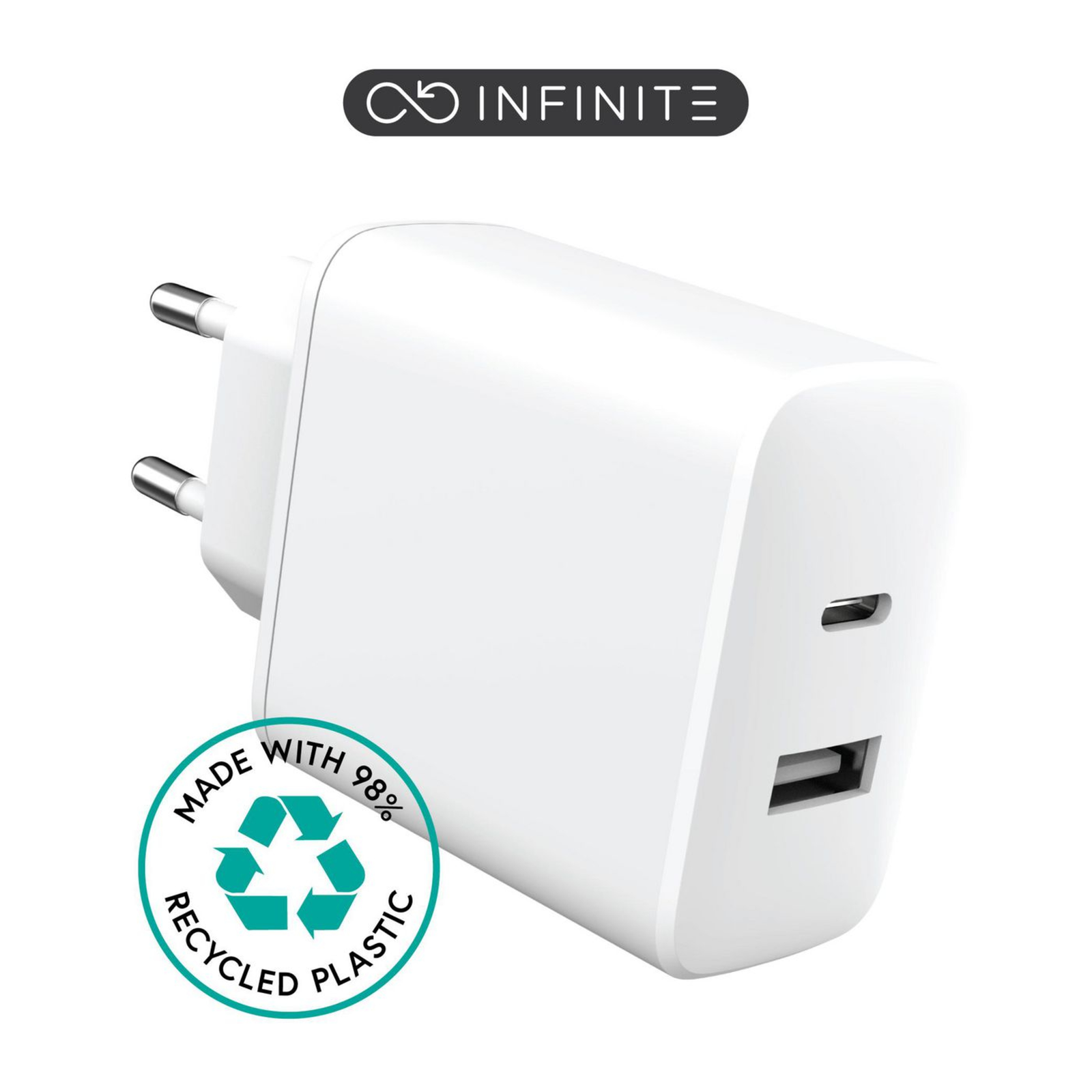 eStuff INFINITE USB Charger EU 1 X USB-C PD 20W. 1 X USB-A 12W.