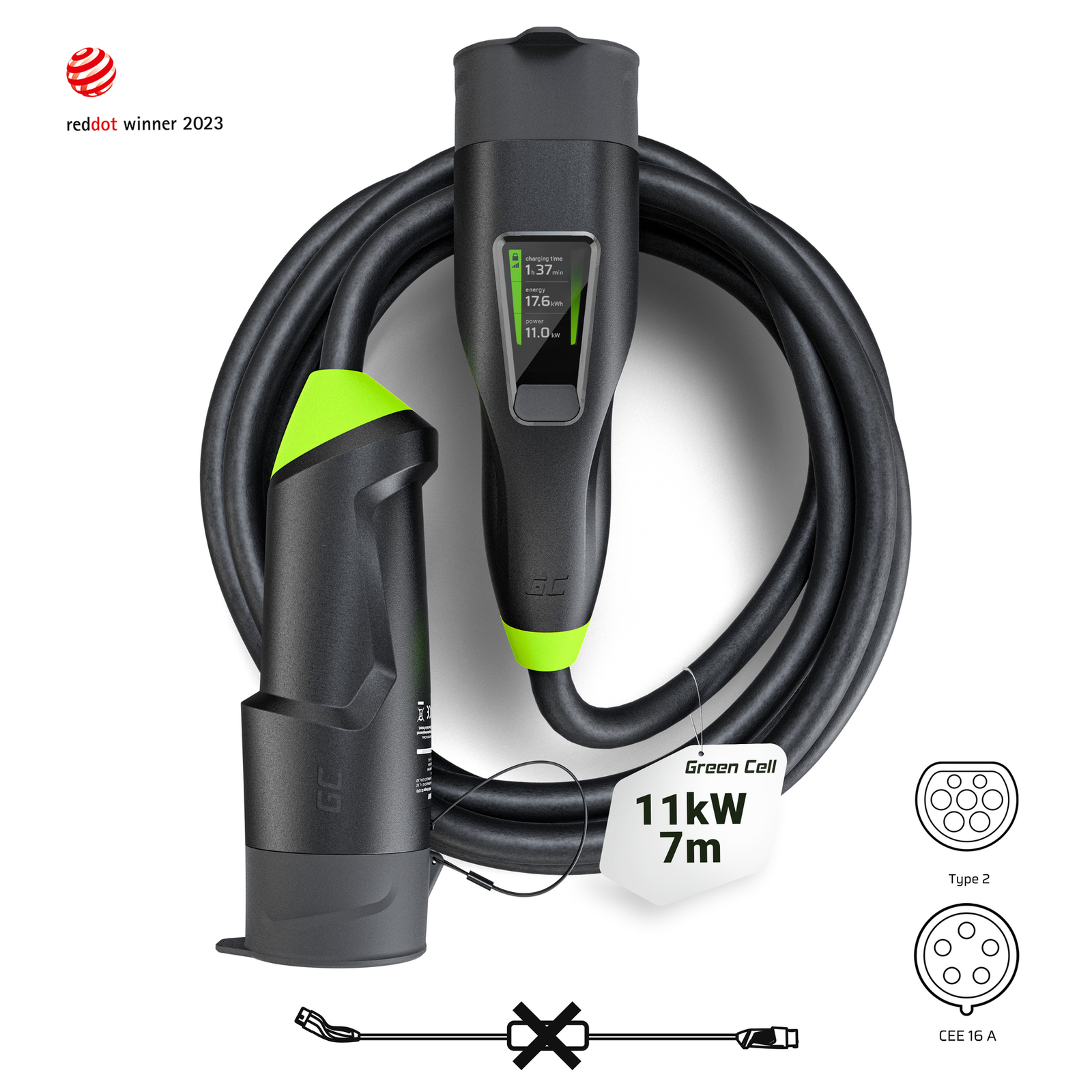 Greencell Habu Electric Car Mobile EV Charger 11kW 7M Type 2 to CEE 16 A