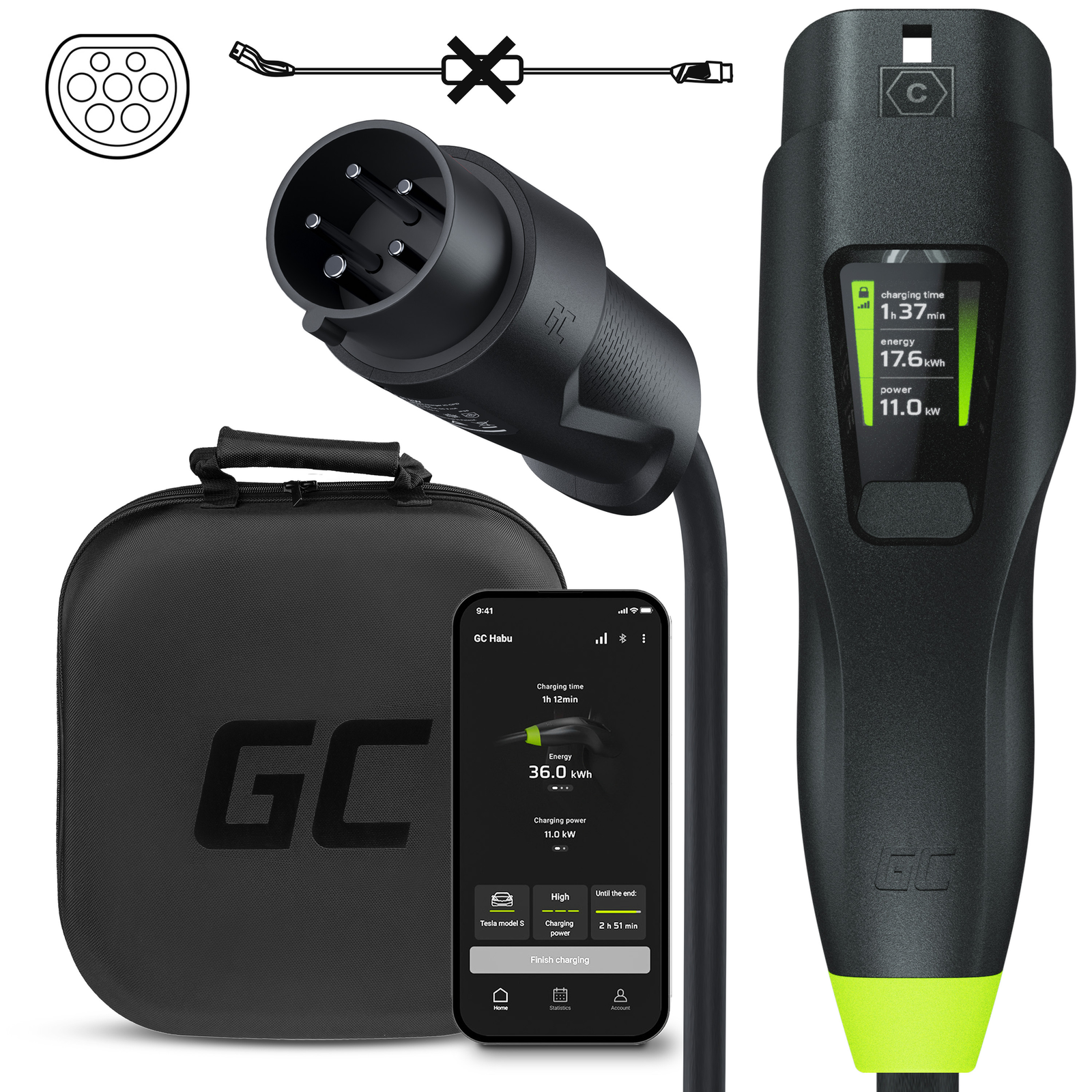Greencell Habu Electric Car Mobile EV Charger 11kW 7M Type 2 to CEE 16 A