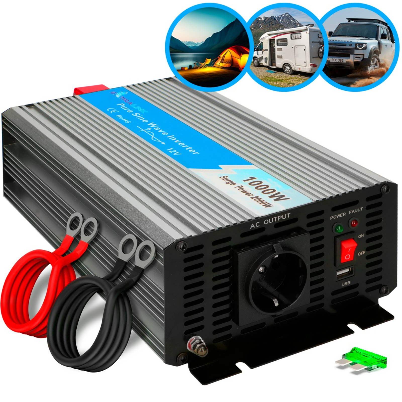 Extralink VOLTAGE CONVERTER 12V 230V 1000W PURE SINUS OPIP-1000W Power Supply Car Aluminum
