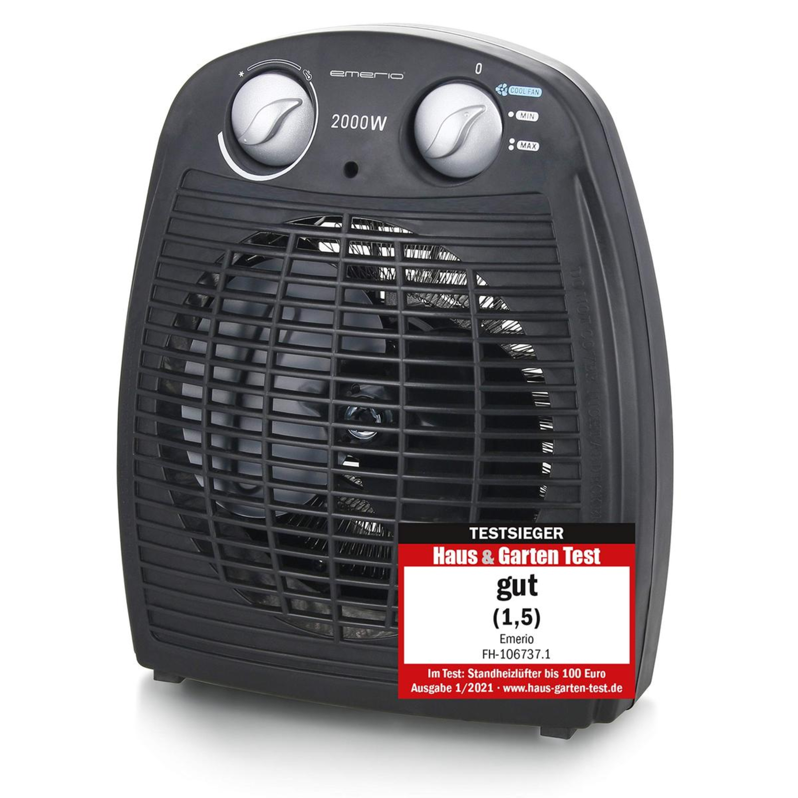 Emerio Fan Heater 2000 Watts 2 Heat Settings Thermostat 20 Sqm2