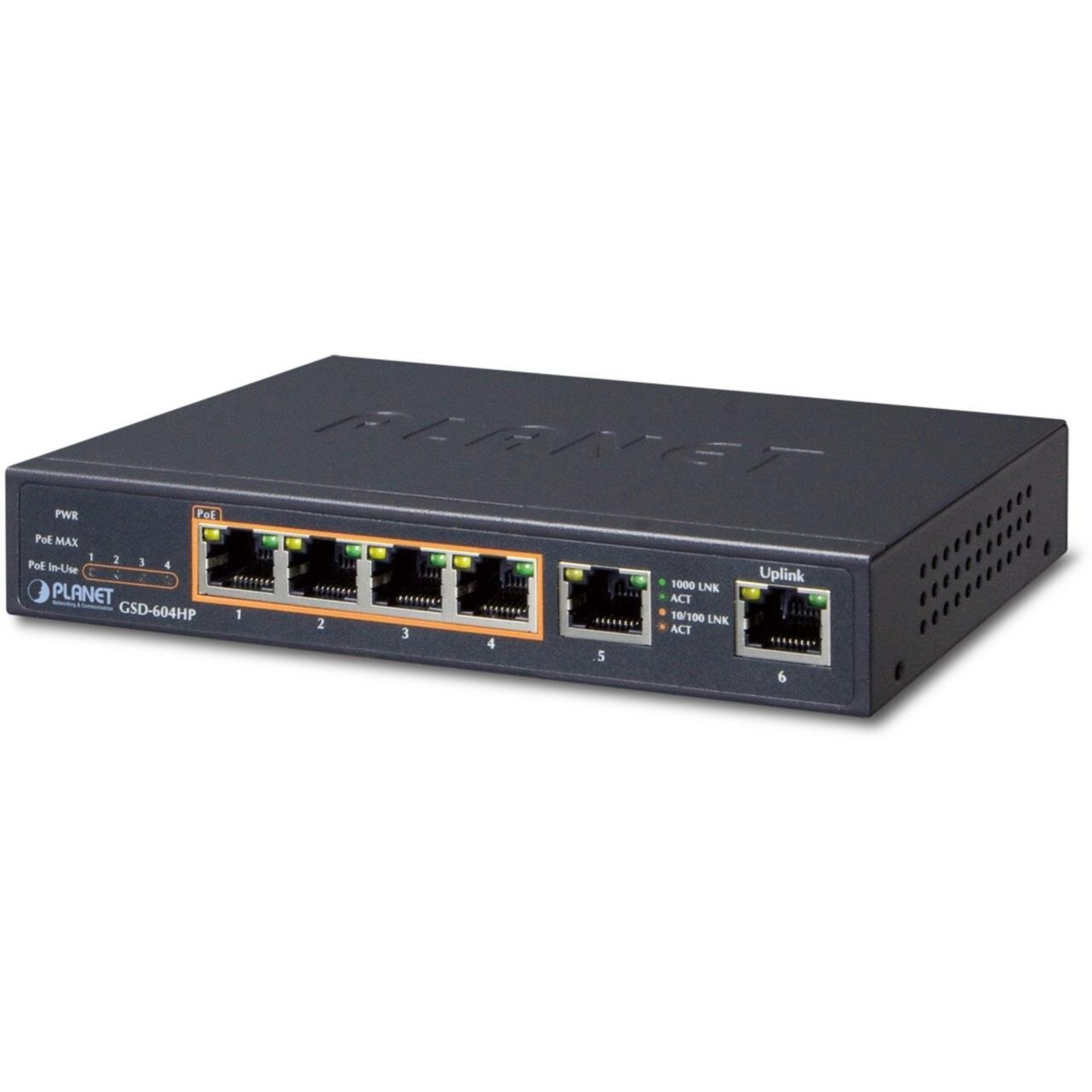 PLANET 4-port 10 100 1000T 802.3at PoE + 2-port