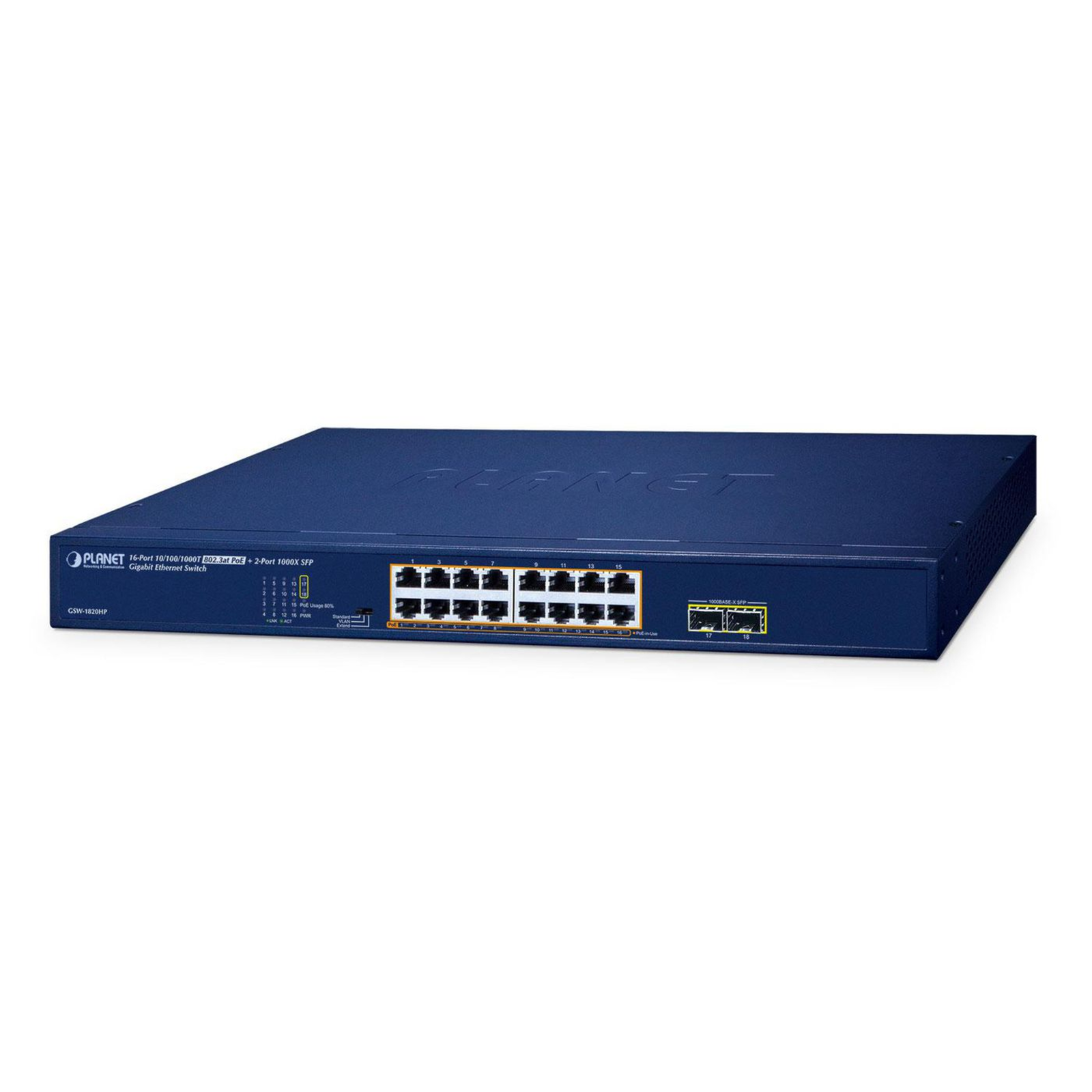 Planet GSW-1820HP PoE Switch 16x1Gb + 2x SFP 1Gb PoE 802.3at 30 -240W VLAN Extend 10Mb-250m -