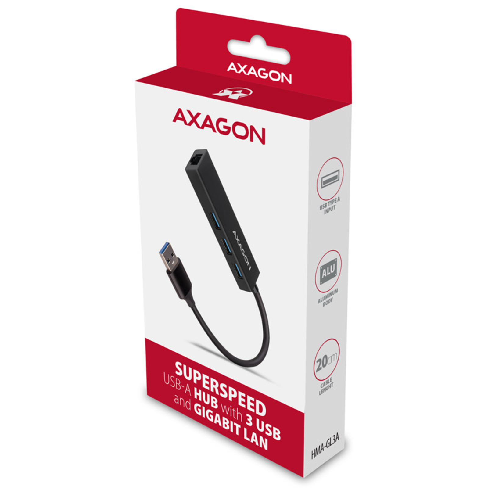 Axagon HMA-GL3A Multiport Hub USB 3.0 Type A Gbit-LAN 3x USB-A MicroSD